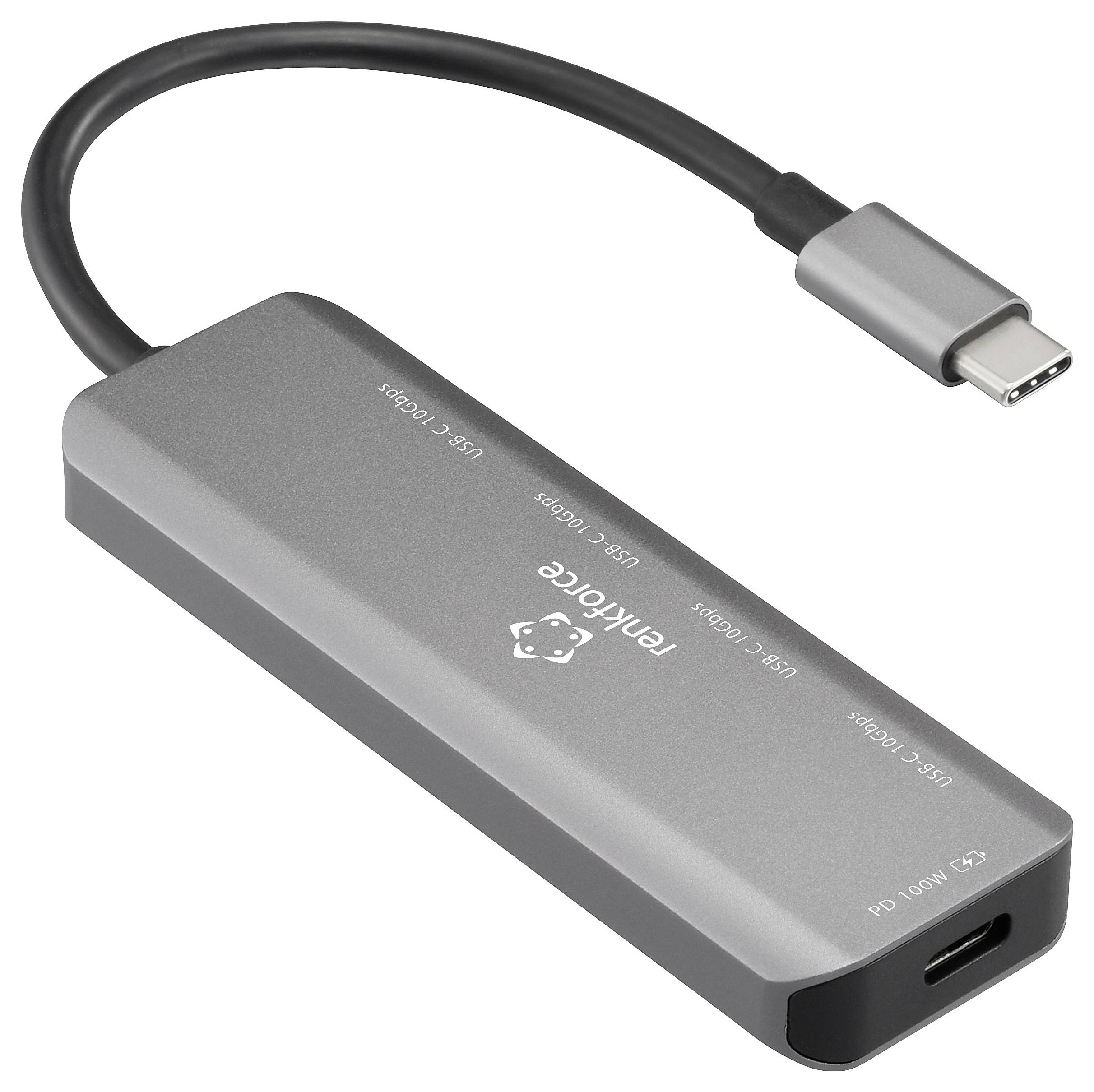 Elegantní, kovový USB-C hub s několika porty, včetně HDMI a USB-A. Kabel je připojen pro snadné připojení.