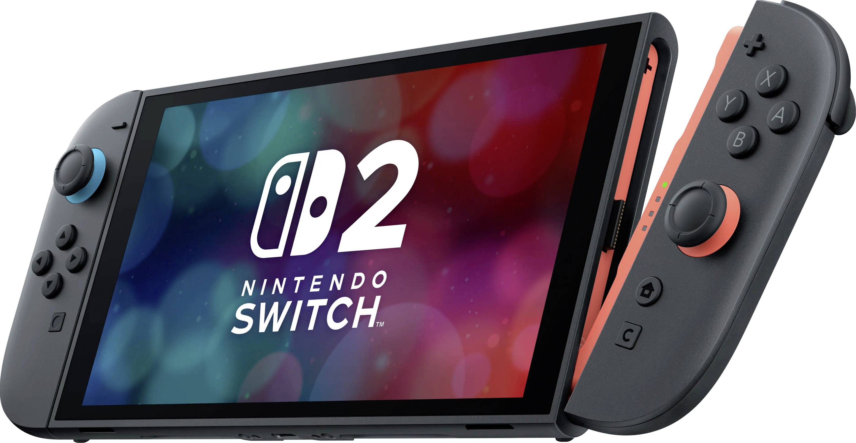 Herní konzole Nintendo Switch s odpojenými Joy-Con ovladači, zobrazující barevnou obrazovku s logem Nintendo a číslem '2'.
