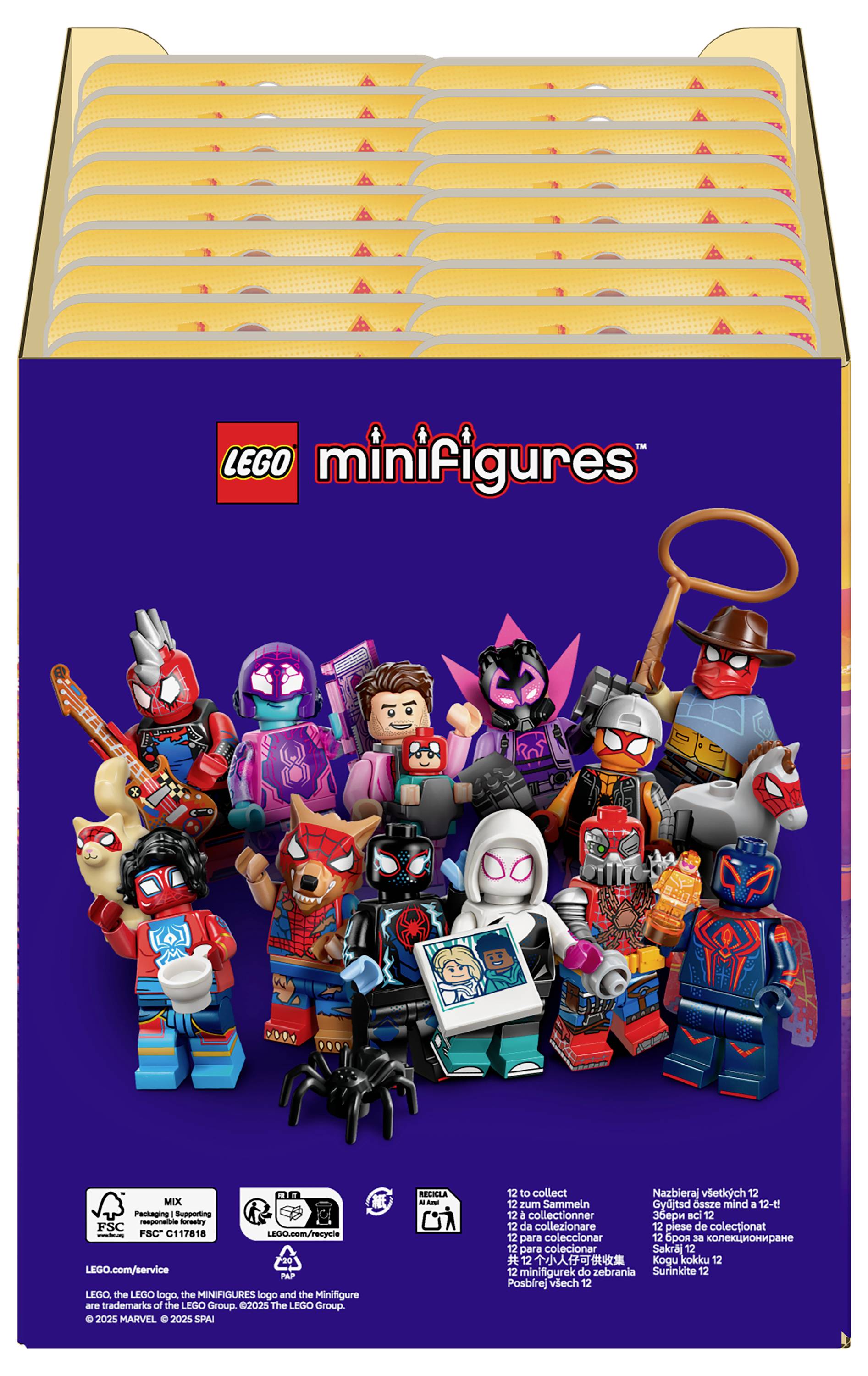Krabice LEGO minifigur vystavující různé tematické postavičky, včetně rytíře, astronauta a robota, pod logem „LEGO minifigures".