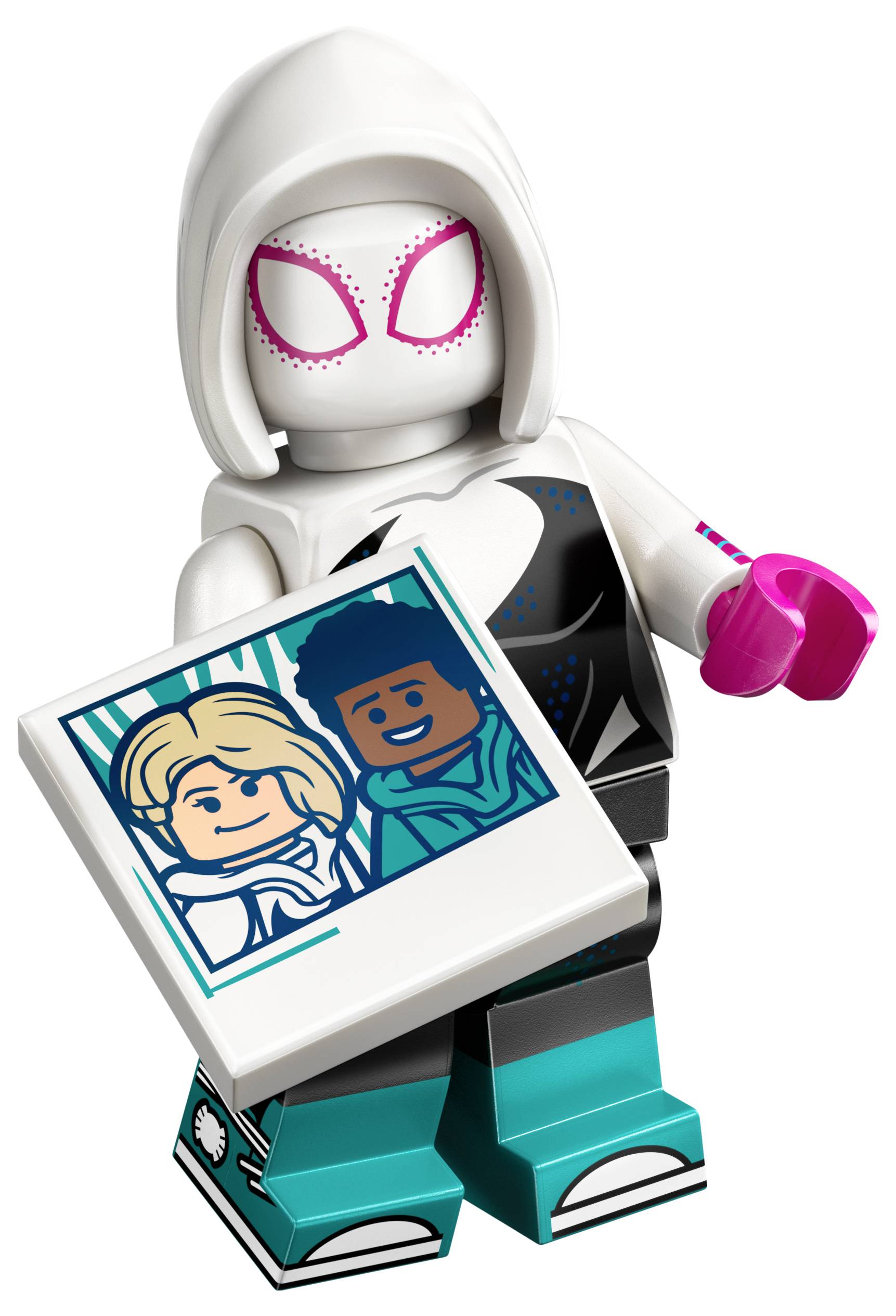 Figurka LEGO v bílé mikině s kapucí a růžových rukavicích drží obrázek dvou kreslených postav s úsměvem, což naznačuje přátelské nebo veselé téma.