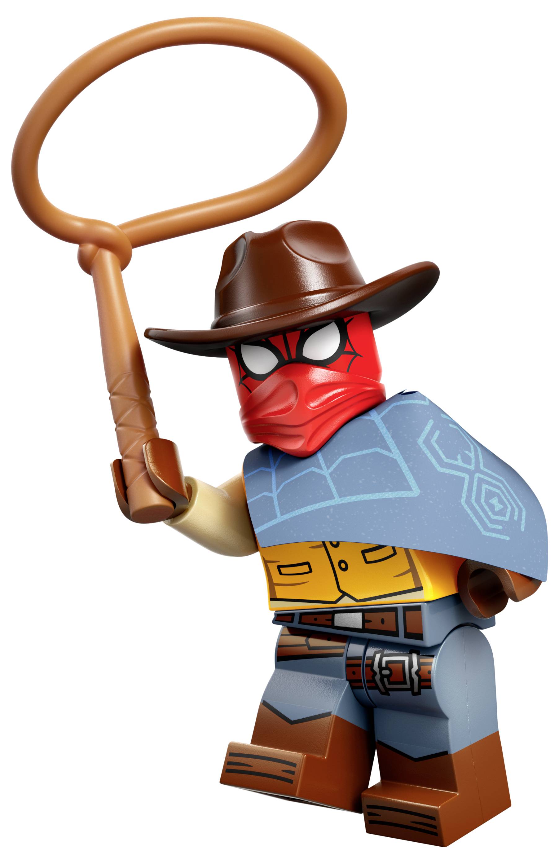 Figurka LEGO s kovbojským kloboukem, červenou maskou, modrou pončem a s lasem, připomínající superhrdinu v western stylu.