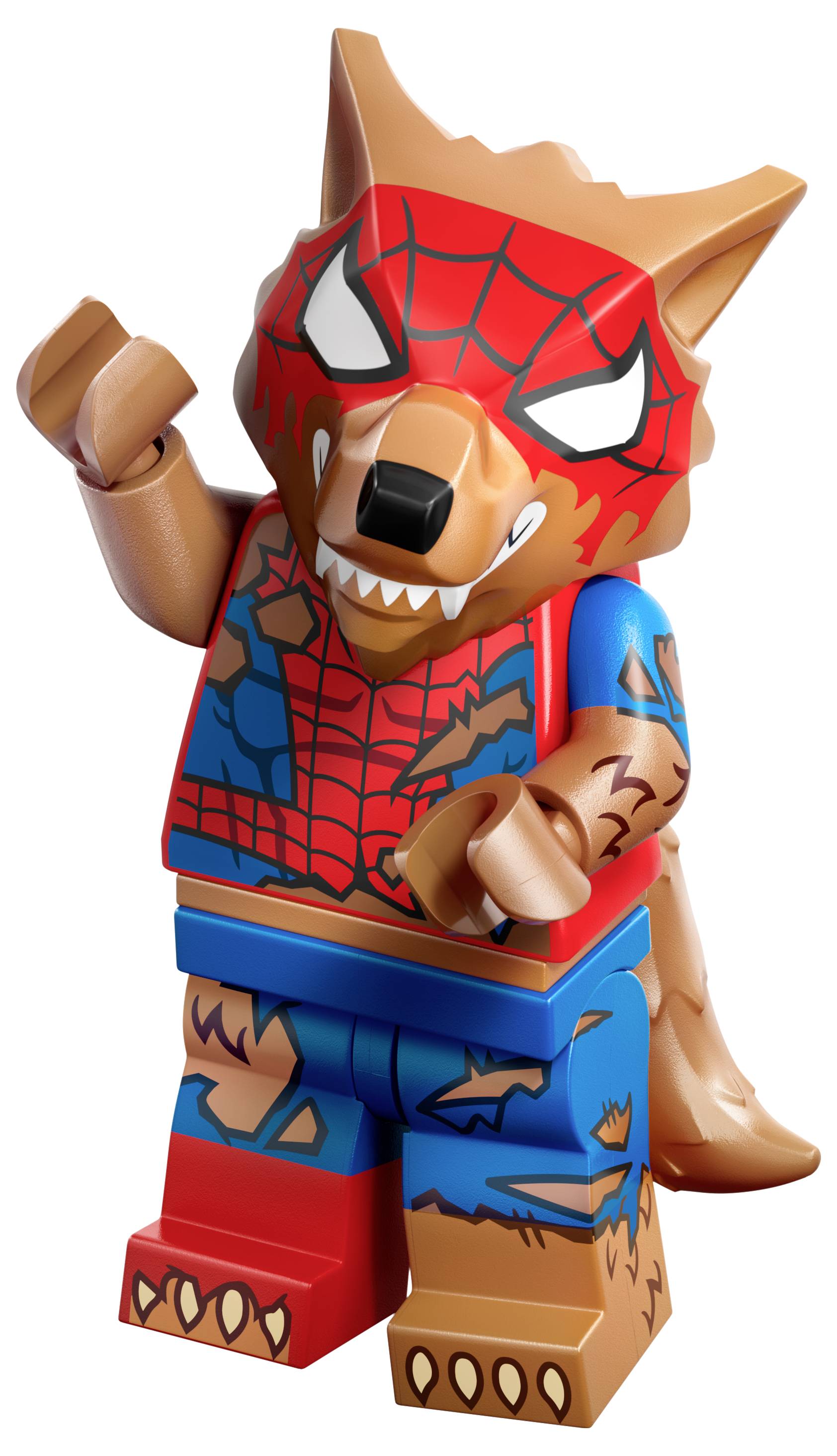 Lego figurka s hlavou a tělem lišky, oblečená v červeno-modrém superhrdinském kostýmu připomínajícím pavouka, v akční póze.