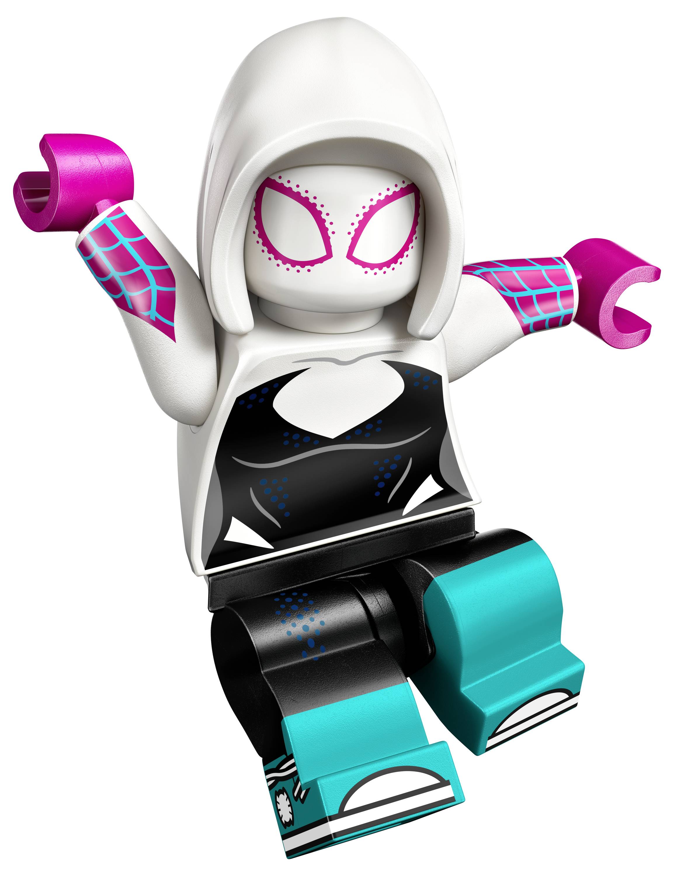 Figurka LEGO oblečená v bílé kapuci a masce, v černém a tyrkysovém oblečení, s růžovými pavučinovými vzory na rukách, zachycená v póze jakoby uprostřed skoku.