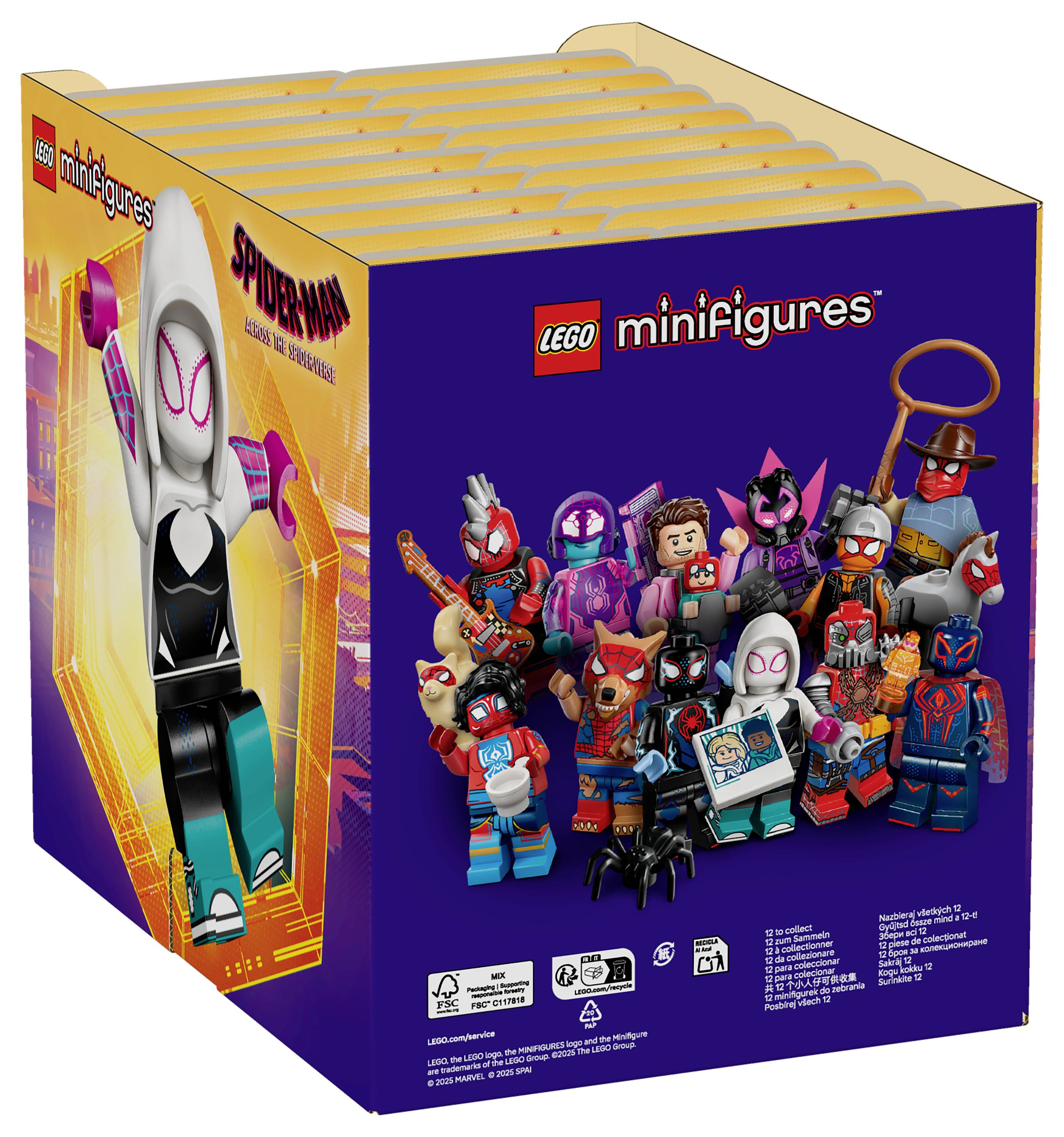 Krabice s LEGO minifigurkami Spider-Mana zobrazující různé postavy v pestrých kostýmech, prezentující rozmanité výrazy a příslušenství.