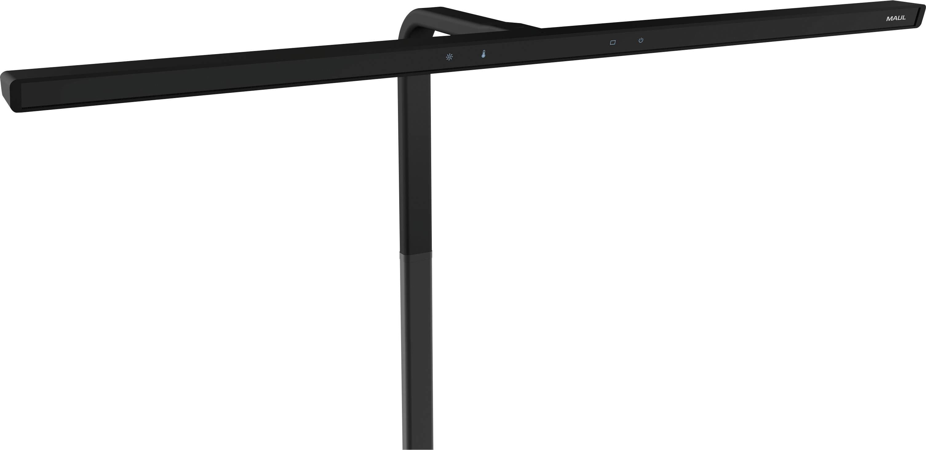 Elegantní, moderní stolní lampa v černé barvě s horizontálním designem rámu a dotykově ovládanými prvky na stonku, umístěná před neutrálním pozadím.