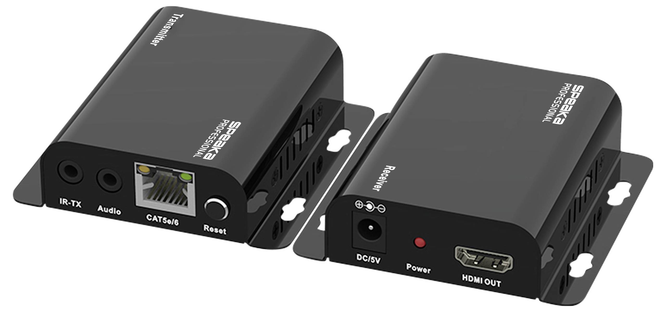 Bezdrátový HDMI vysílač a přijímač pro streamování HD videa. Vlevo: IR-TX, audio, ethernetové porty. Vpravo: DC/5V, napájení, HDMI výstup.