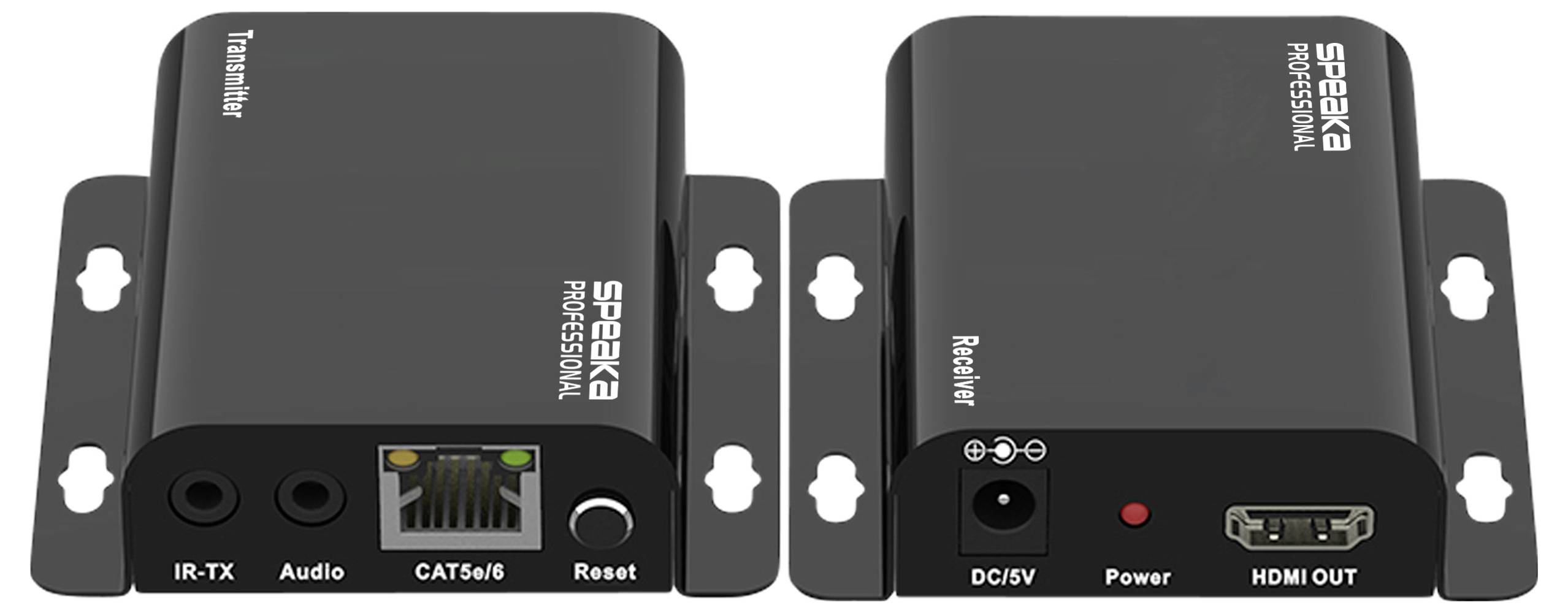 Vysílací a přijímací jednotky s porty označenými jako IR-TX, Audio, CAT5e/6, DC/5V, Power a HDMI OUT, značky 'SpeaKa Professional'.