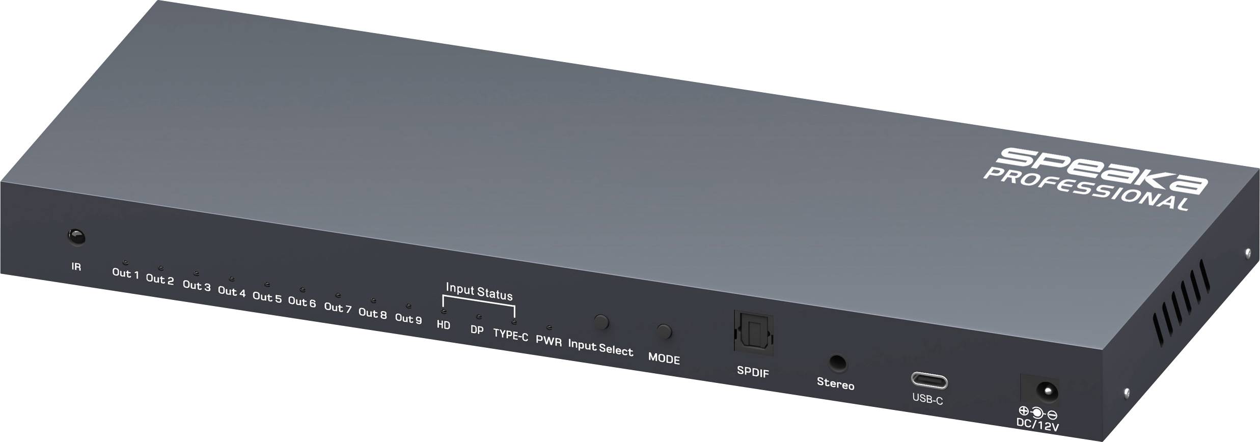 Zařízení 'SPEAKA Professional', černé, s popisem I/O portů na přední straně, včetně HDMI a USB-C. Používá se pro připojování a přepínání audio/video zdrojů.