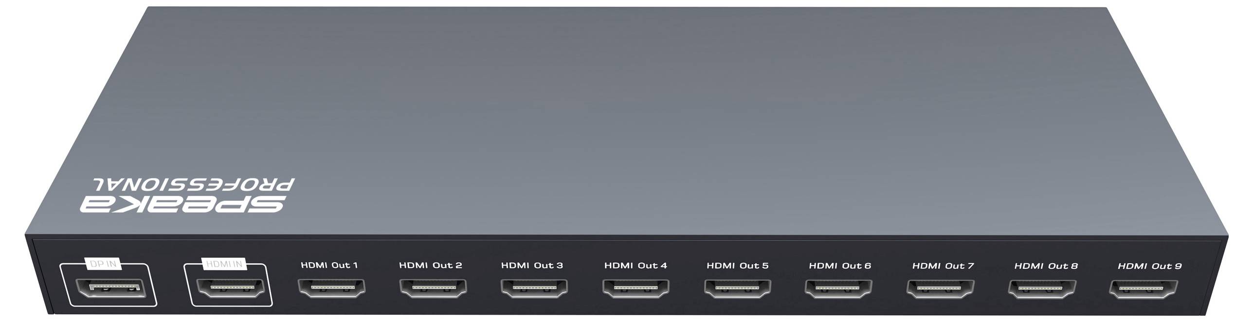 Černý HDMI přepínač s několika porty označenými od 'HDMI OUT 1' do 'HDMI OUT 8' a dvěma porty 'HDMI IN' na levé straně.