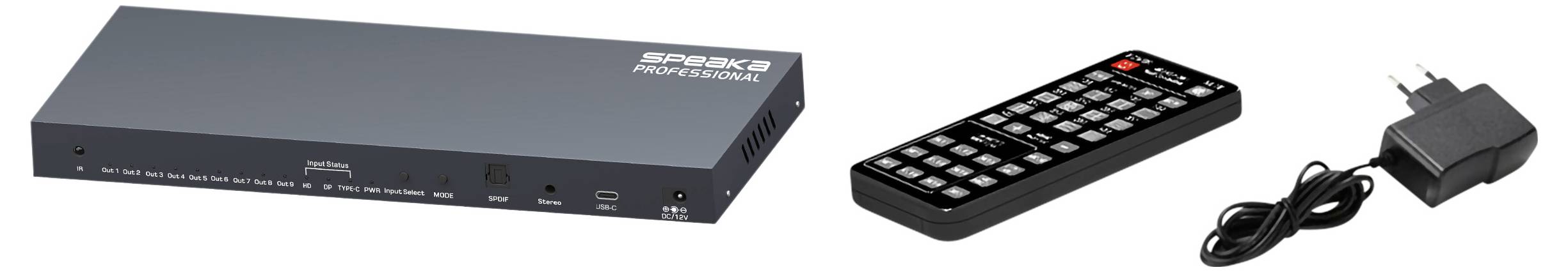 Elegantní černý digitální přístroj s několika porty, dodávaný s dálkovým ovladačem a napájecím adaptérem. Vhodný pro elektronické konfigurace.