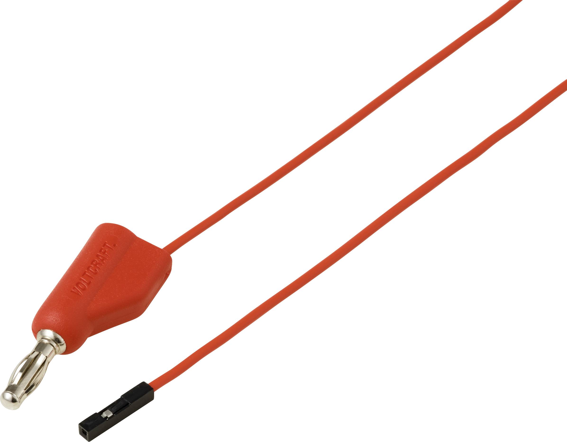Červená banánková zdířka připojená k červenému vodiči s černým konektorem na konci, používaná pro elektrické spoje nebo testování.