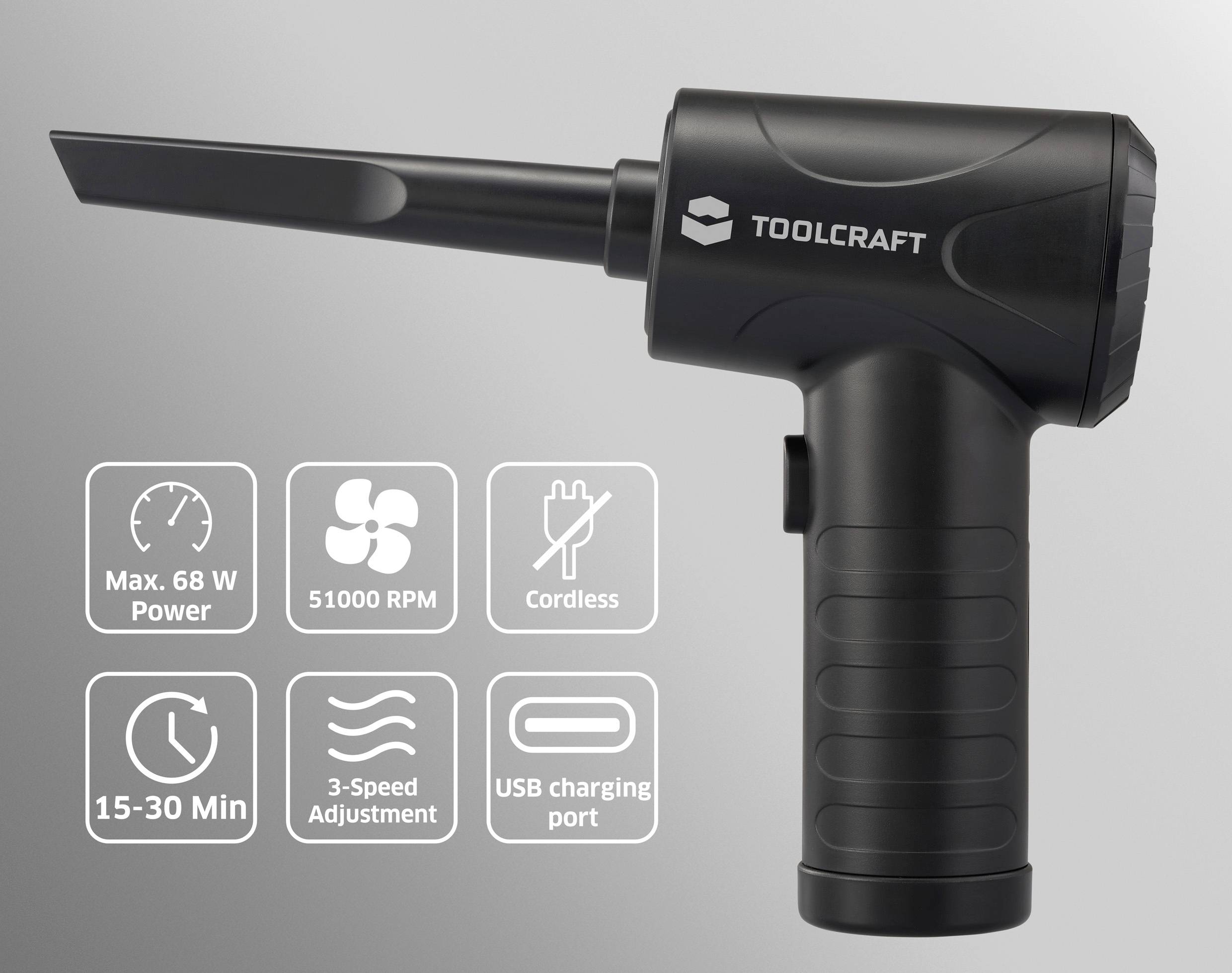Ruční černá vzduchová dmychadlo značky 'TOOLCRAFT' s výkonem 68W, otáčkami 51000 ot./min, bezšňůrovým designem, dobou použití 15-30 minut, třístupňovým nastavením a USB nabíjecím portem.