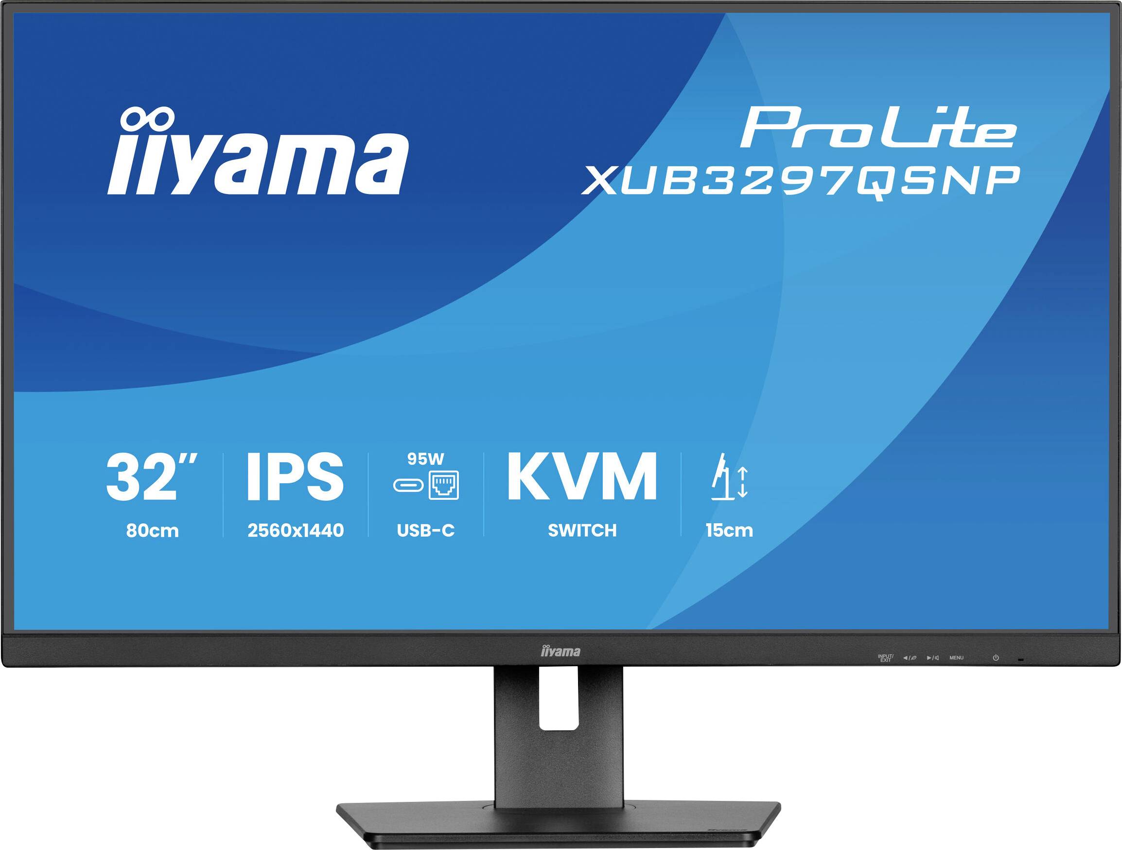 Monitor Iiyama ProLite XUB3297QSNP s modrým pozadím. Vlastnosti: 32" obrazovka, IPS panel, rozlišení 2560x1440, USB-C, 95W, KVM přepínač.