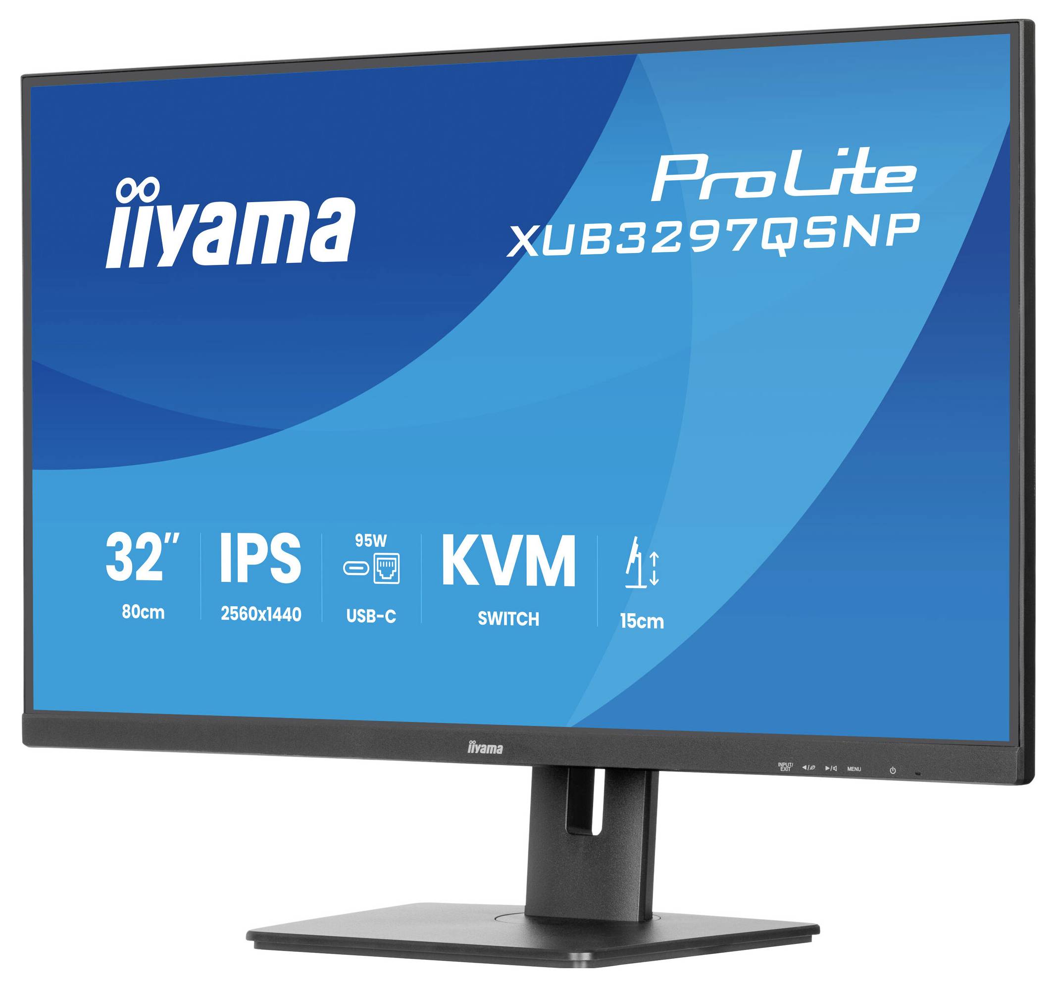 Monitor s elegantním designem. Obrazovka zobrazuje text 'iiyama ProLite XUB3297QSNP' s vlastnostmi: 32 palců, IPS, rozlišení 2560x1440, USB-C, KVM přepínač.