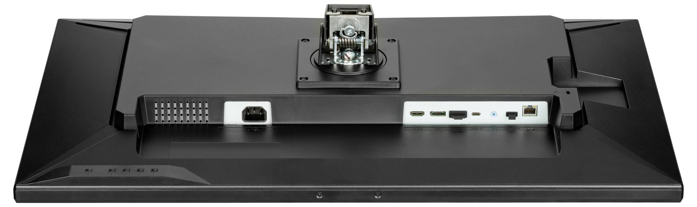 Černý počítačový monitor pohledem zezadu, zobrazující různé porty včetně HDMI, DisplayPort, USB a napájecího vstupu.