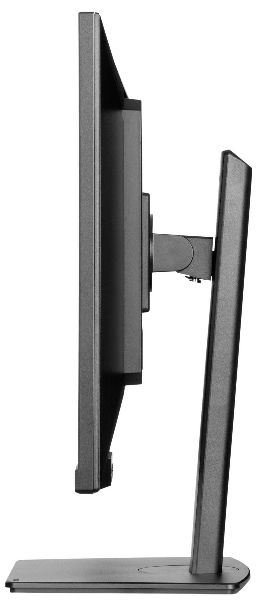 Boční pohled na štíhlý černý počítačový monitor na stojanu, který ukazuje jeho tenký profil a moderní design.