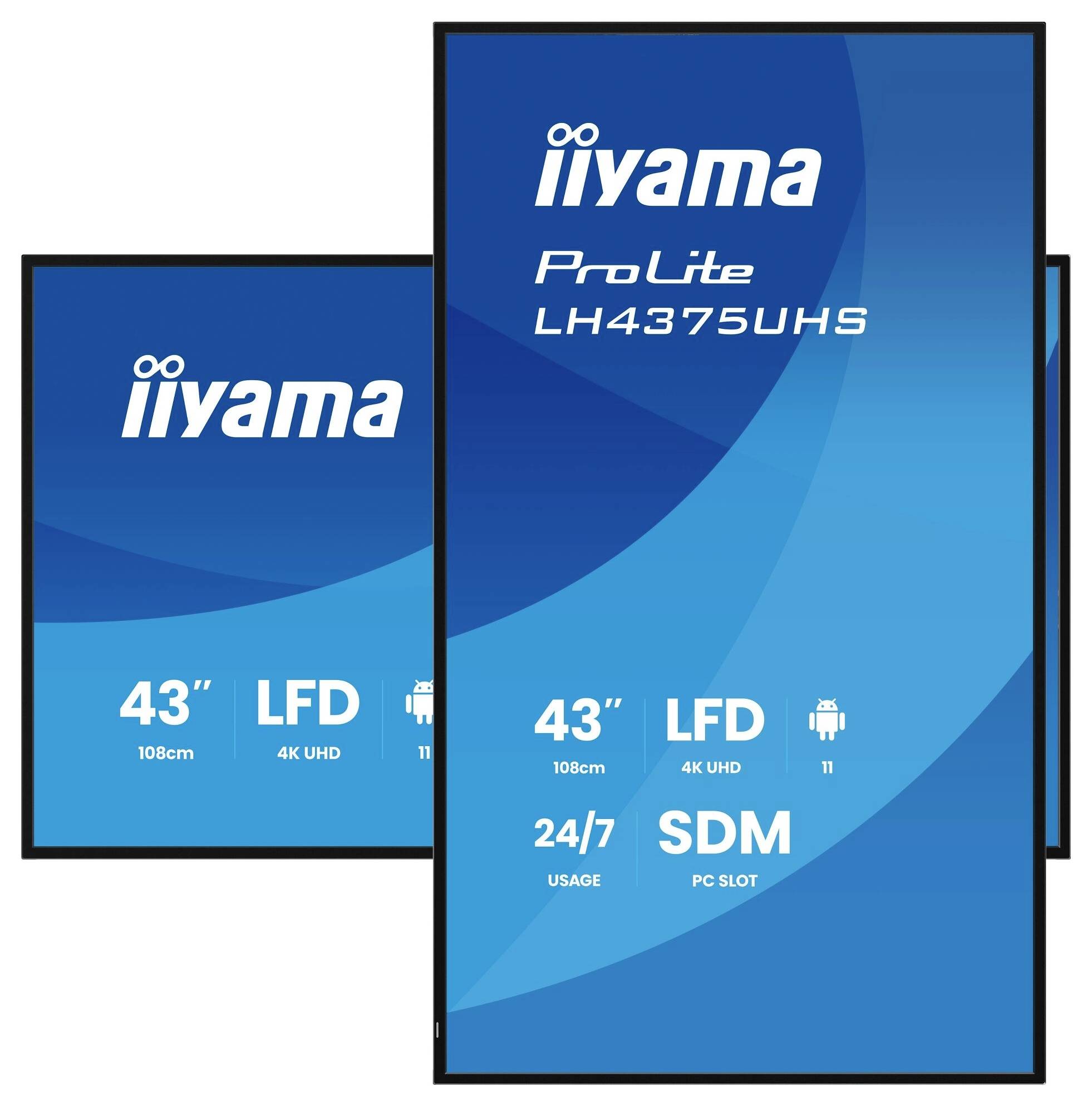 Propagační grafika zobrazující dva displeje 'iiyama ProLite', každý o velikosti 43 palců, LFD, 4K UHD, navržené pro nepřetržitý provoz 24/7 s PC slotem a SDM.