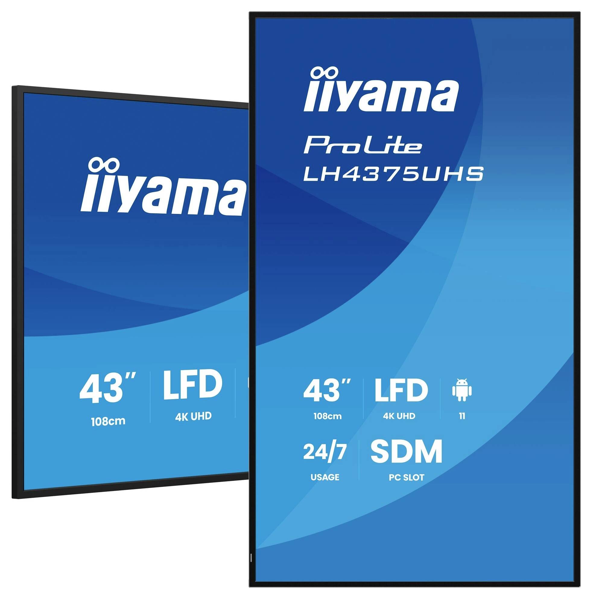 Dva digitální displeje. Oba o velikosti 43 palců (108 cm), 4K UHD, označené jako 'iiyama ProLite LH4375UHS'. Použitelné 24/7, s pozicí pro počítač.
