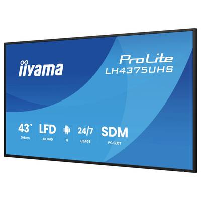 Modrá zobrazovací obrazovka ukazující 'iiyama ProLite LH4375UHS' s funkcemi: 43" velikost, LFD, 4K UHD, Android 11, nepřetržitý 24/7 provoz a SDM PC slot.