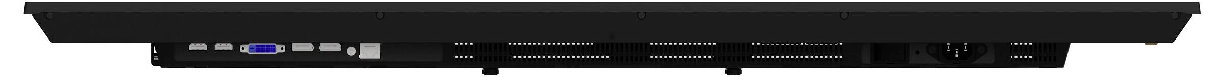 Obrázek zobrazuje zadní pohled černého elektronického zařízení, které má modrý VGA port, několik USB portů, větrací štěrbiny a napájecí vstup.