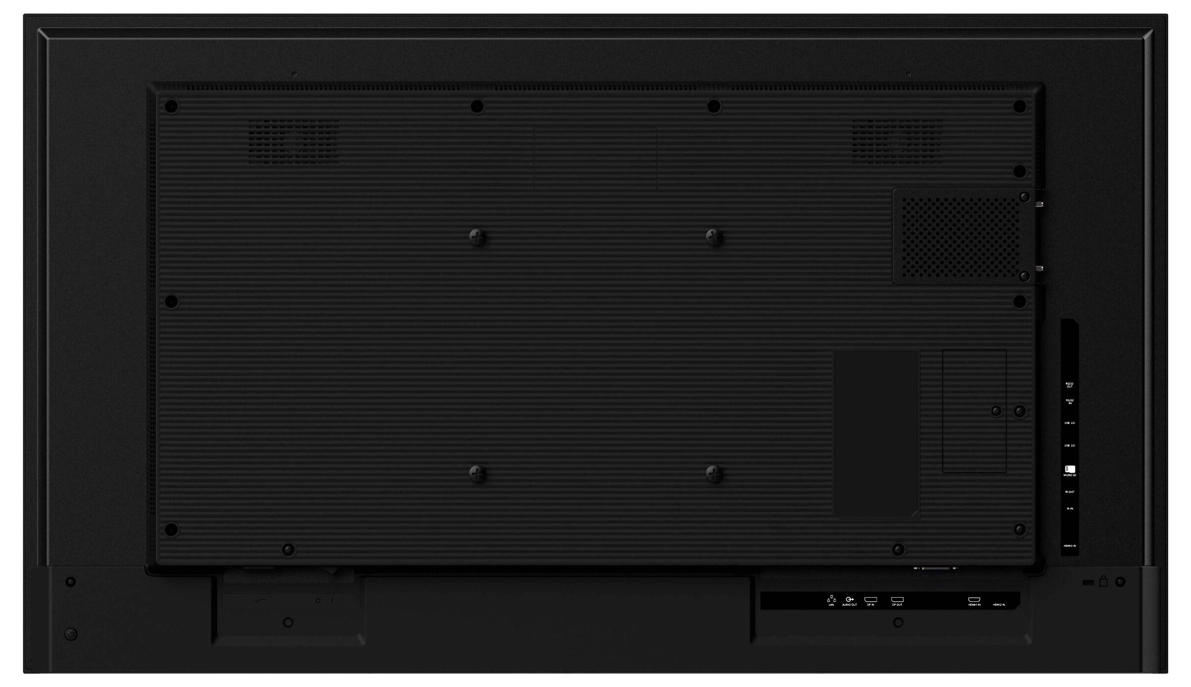 Pohled zezadu na plochý monitor zobrazující různé porty a konektory, včetně vstupů HDMI a USB, pro možnosti připojení.