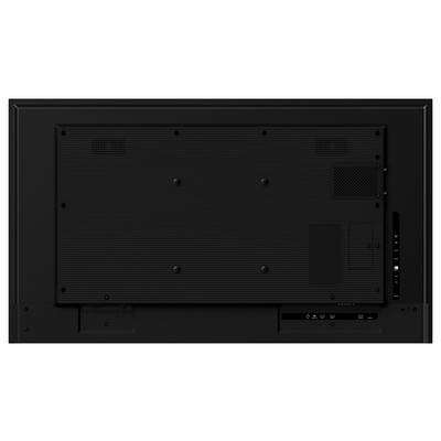 Pohled zezadu na plochý monitor zobrazující různé porty a konektory, včetně vstupů HDMI a USB, pro možnosti připojení.