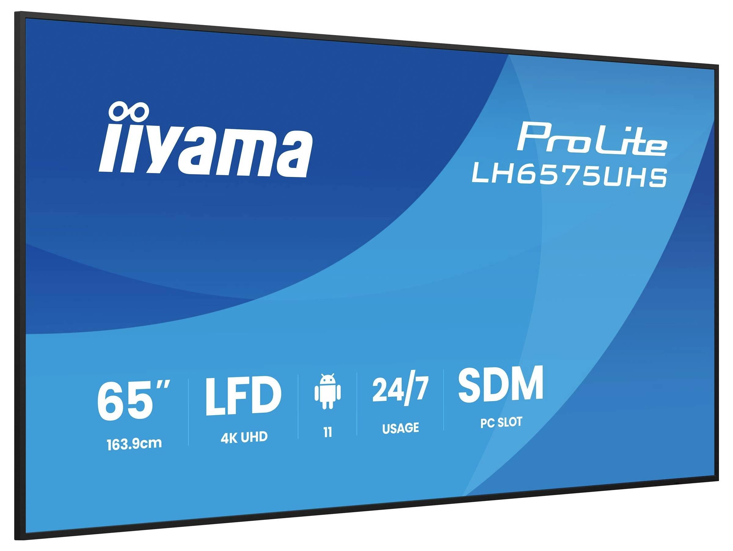 Iiyama ProLite LH6575UHS monitor, 65 palců, 4K UHD displej, Android 11, nepřetržitý 24/7 provoz, SDM PC slot. Vhodný pro komerční využití.