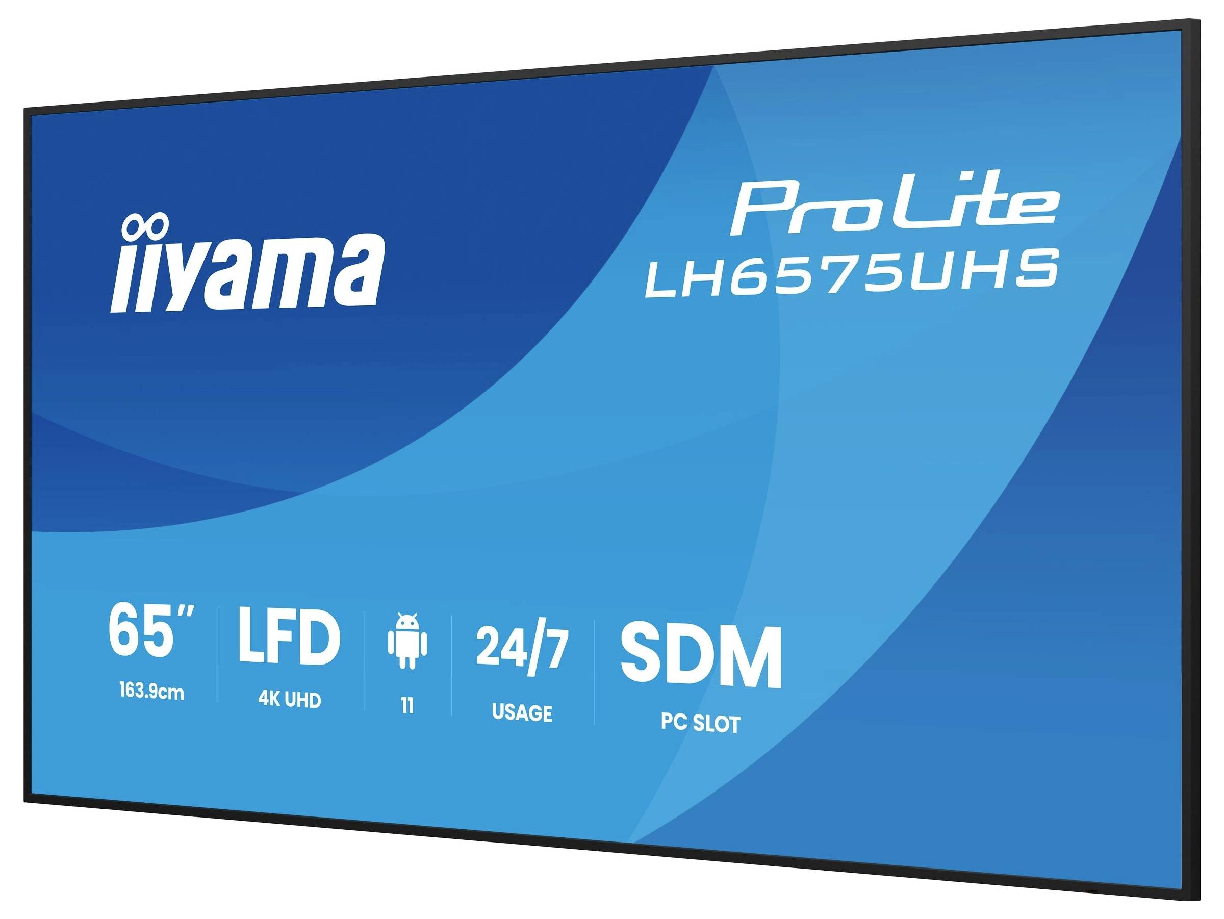 Digitální displej s obrazovkou 'iiyama ProLite LH6575UHS', velikost 65 palců, 4K UHD, Android, nepřetržitý 24/7 provoz, s SDM sloty pro PC.
