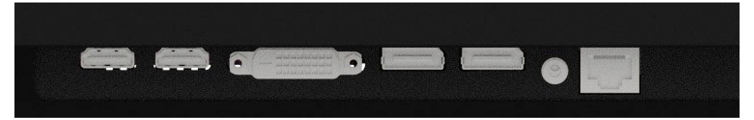 Zadní pohled na počítačový monitor zobrazující několik různých připojovacích portů včetně HDMI, DVI, DisplayPort, USB a napájecího vstupu.