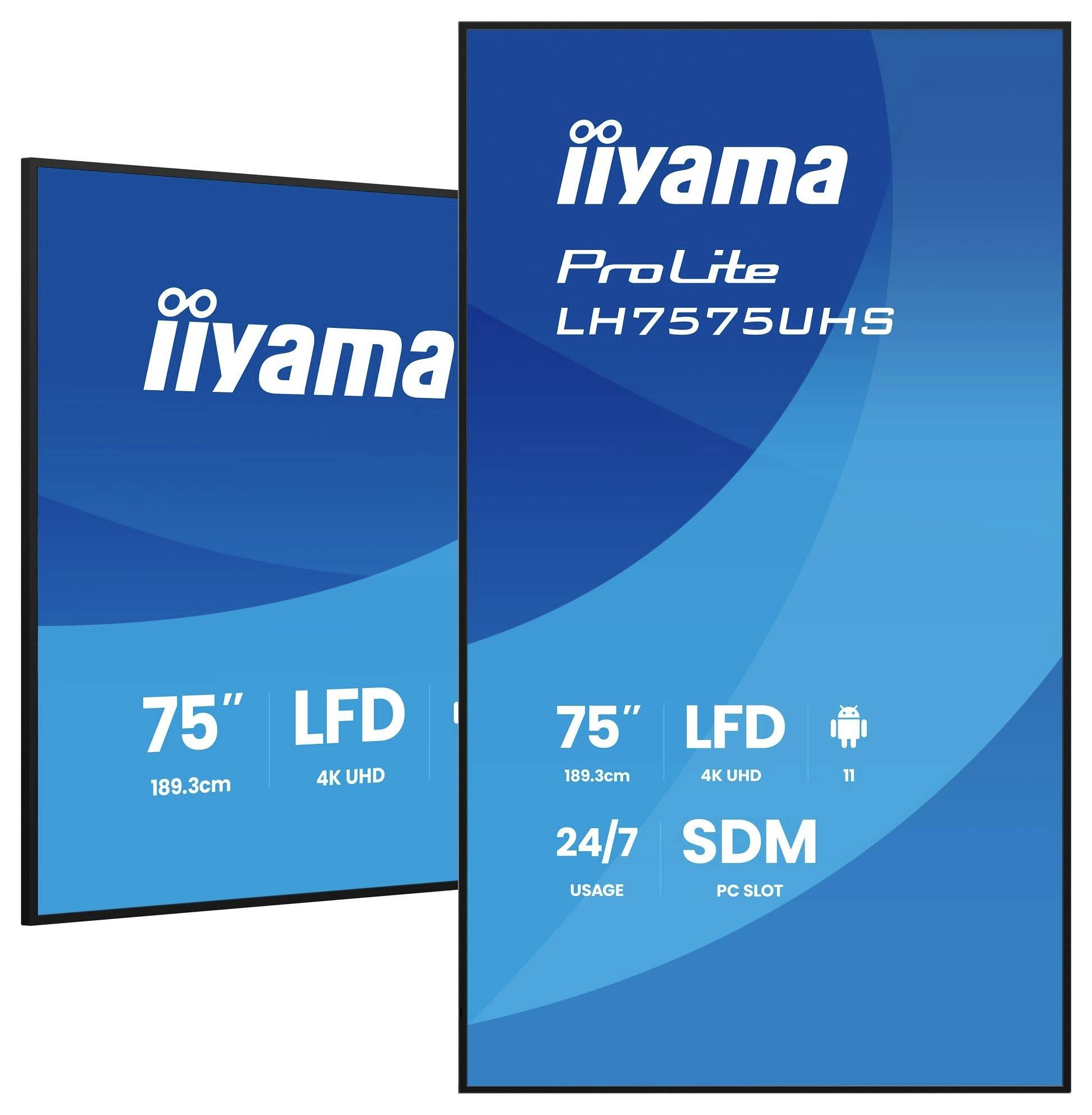 Dva velké, vertikálně umístěné displeje iiyama ProLite LFD, 75" 4K UHD, s integrovaným operačním systémem Android 11, navržené pro nepřetržitý provoz 24/7 se slotem pro SDM počítač.