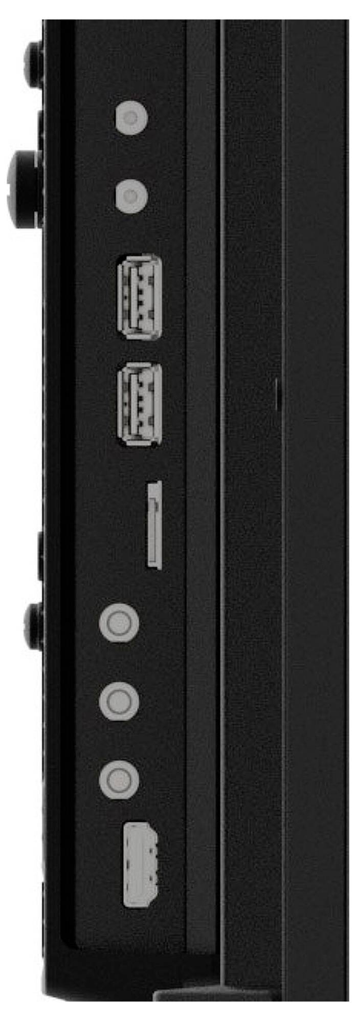 Boční pohled na počítačovou skříň zobrazující různé porty, včetně USB, audio a napájecích konektorů, s přilehlými symboly pro každý z nich.