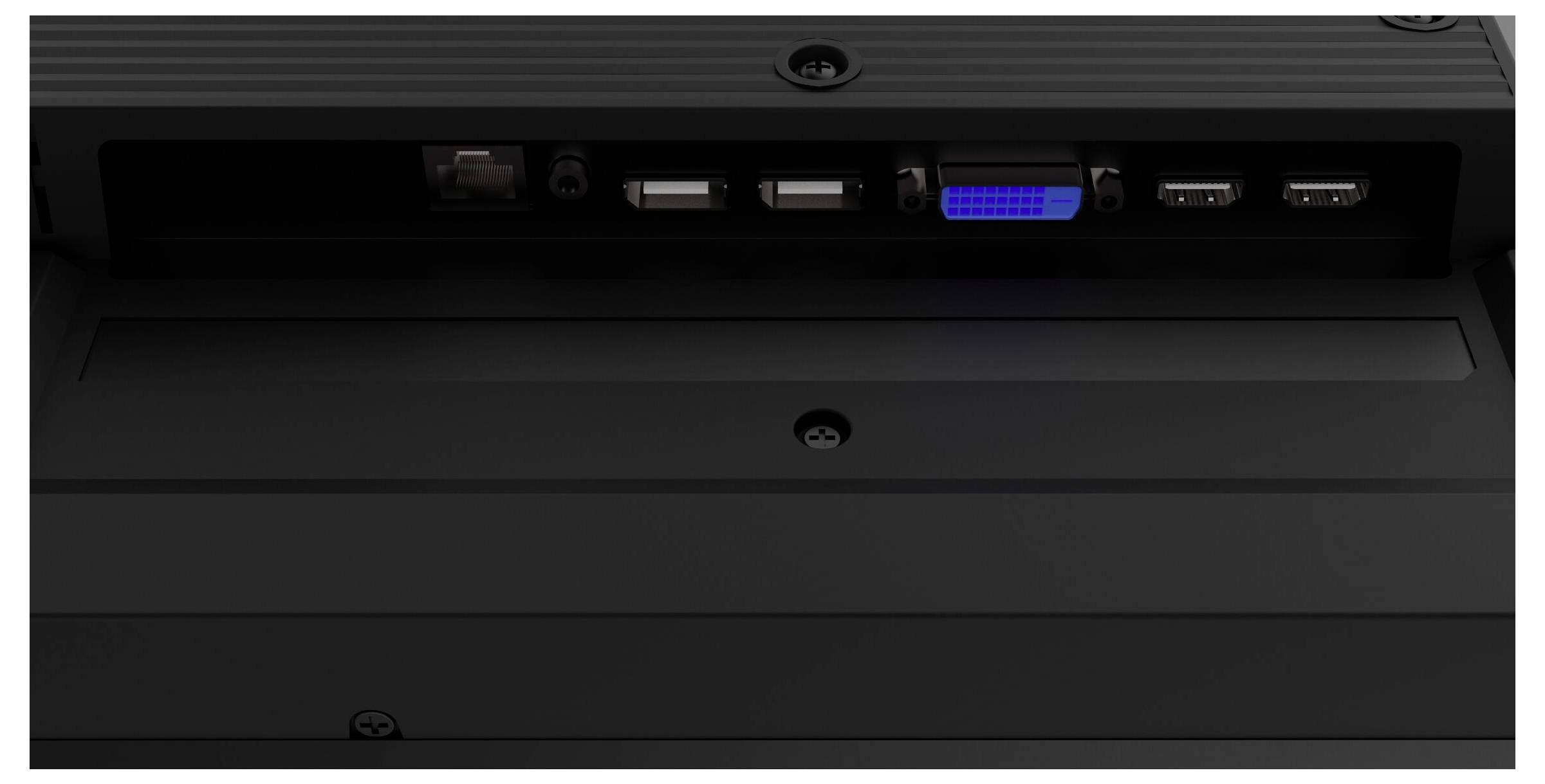 Zadní pohled na monitor zobrazující různé porty včetně ethernetového, dvou USB, VGA a dvou HDMI portů, ilustrující možnosti připojení.
