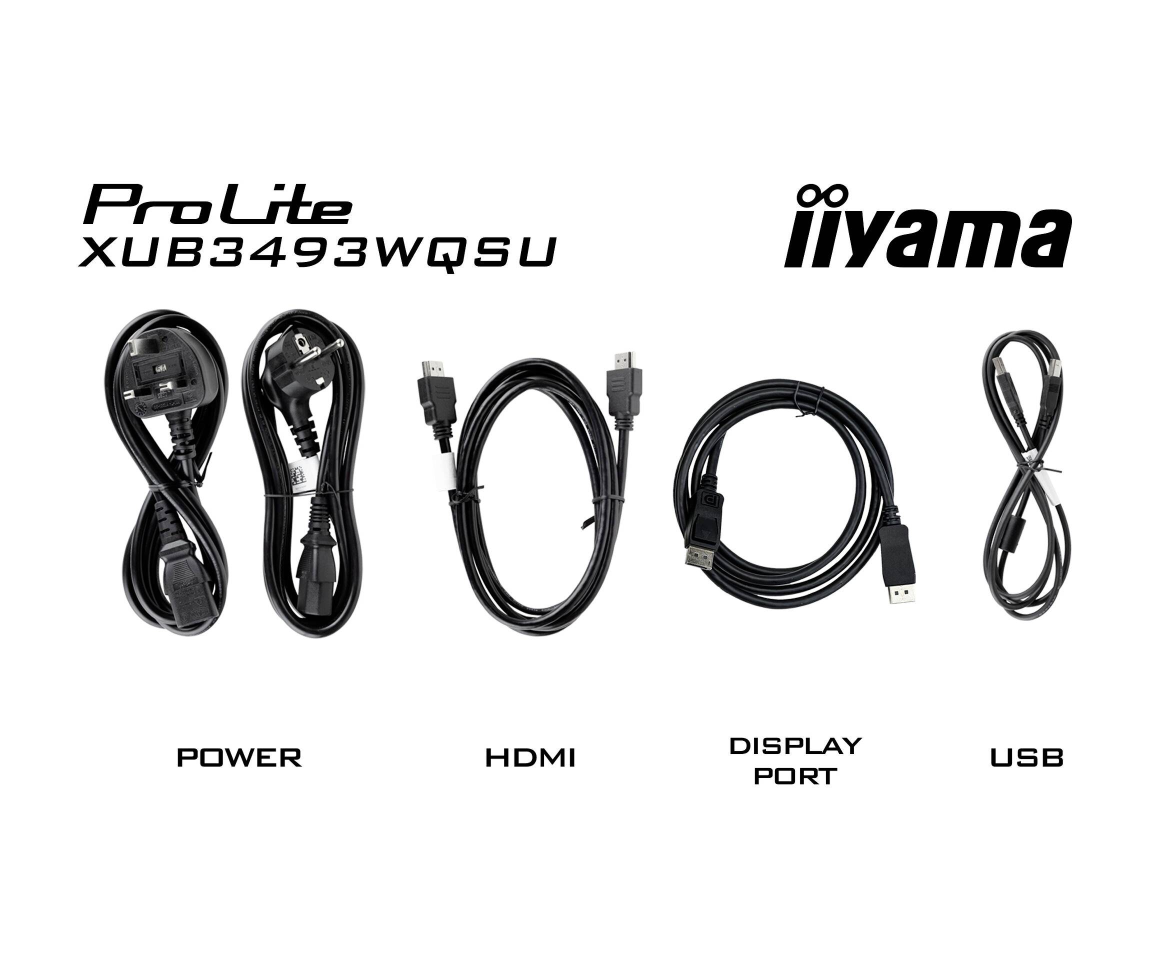 Kabely požadované pro monitor iiyama ProLite XUB3493WQSU: napájecí, HDMI, DisplayPort a USB, zobrazené zleva doprava.