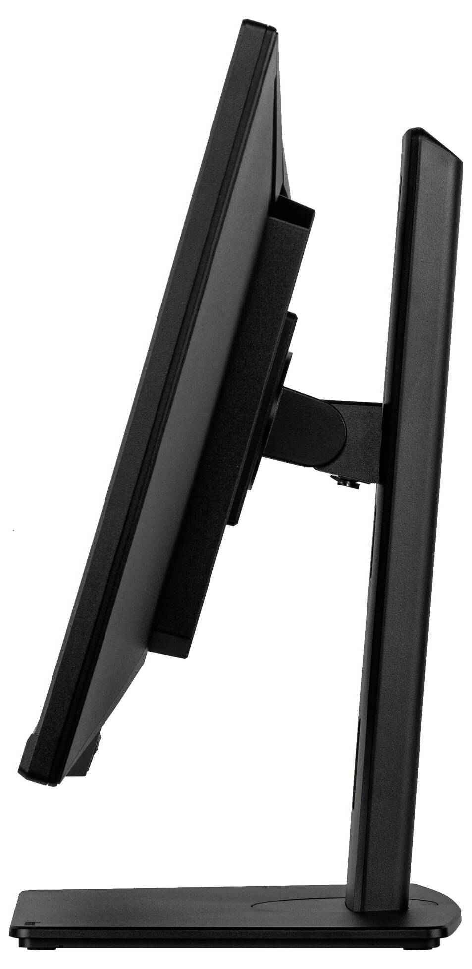 Černý počítačový monitor zobrazený z boku, ukazující jeho štíhlý, moderní design a stojan.