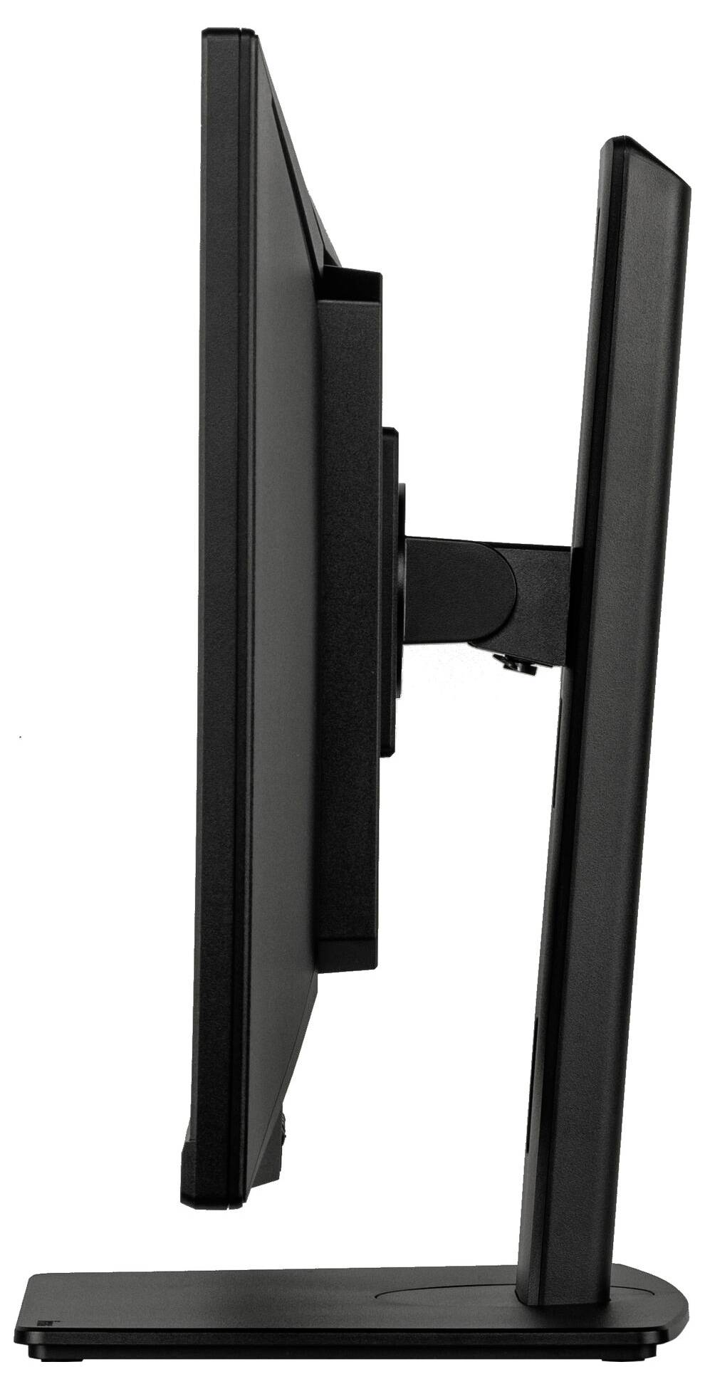 Boční pohled na štíhlý černý počítačový monitor na stojanu, který ukazuje jeho elegantní design.