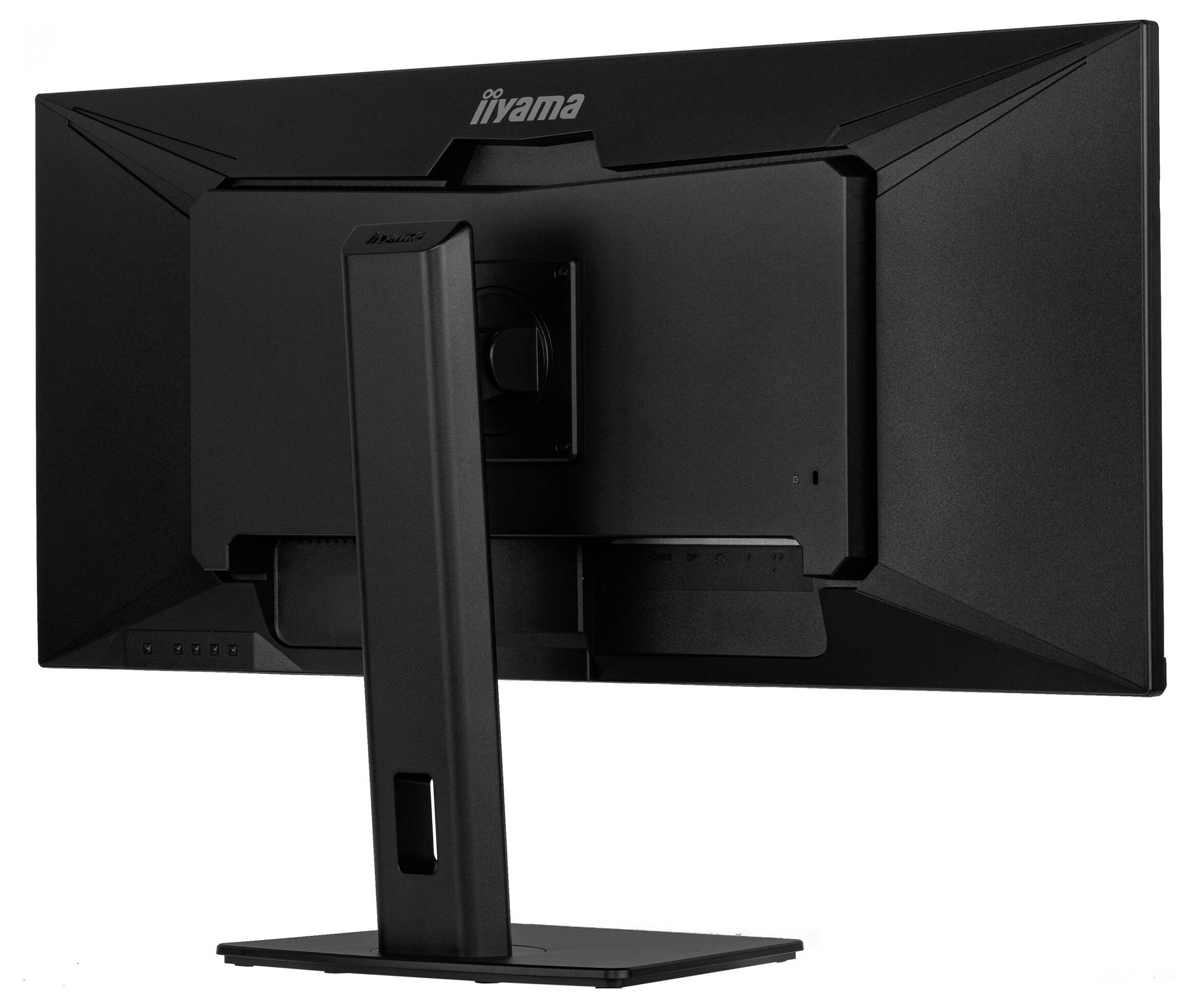 Černý počítačový monitor s názvem značky v horní střední části, zobrazený z pohledu zezadu, umístěný na stabilním stojanu.