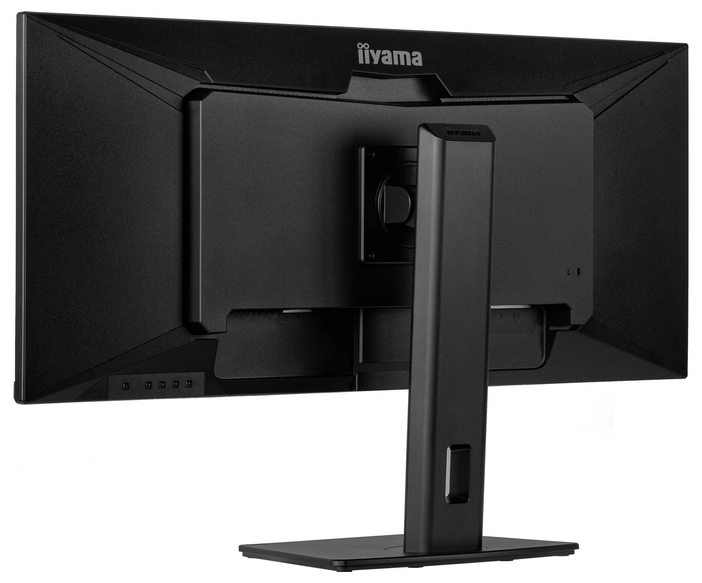 Pohled zezadu na černý počítačový monitor Iiyama se stojanem, zobrazující ovládací tlačítka na boku a obdélníkový montážní prvek.
