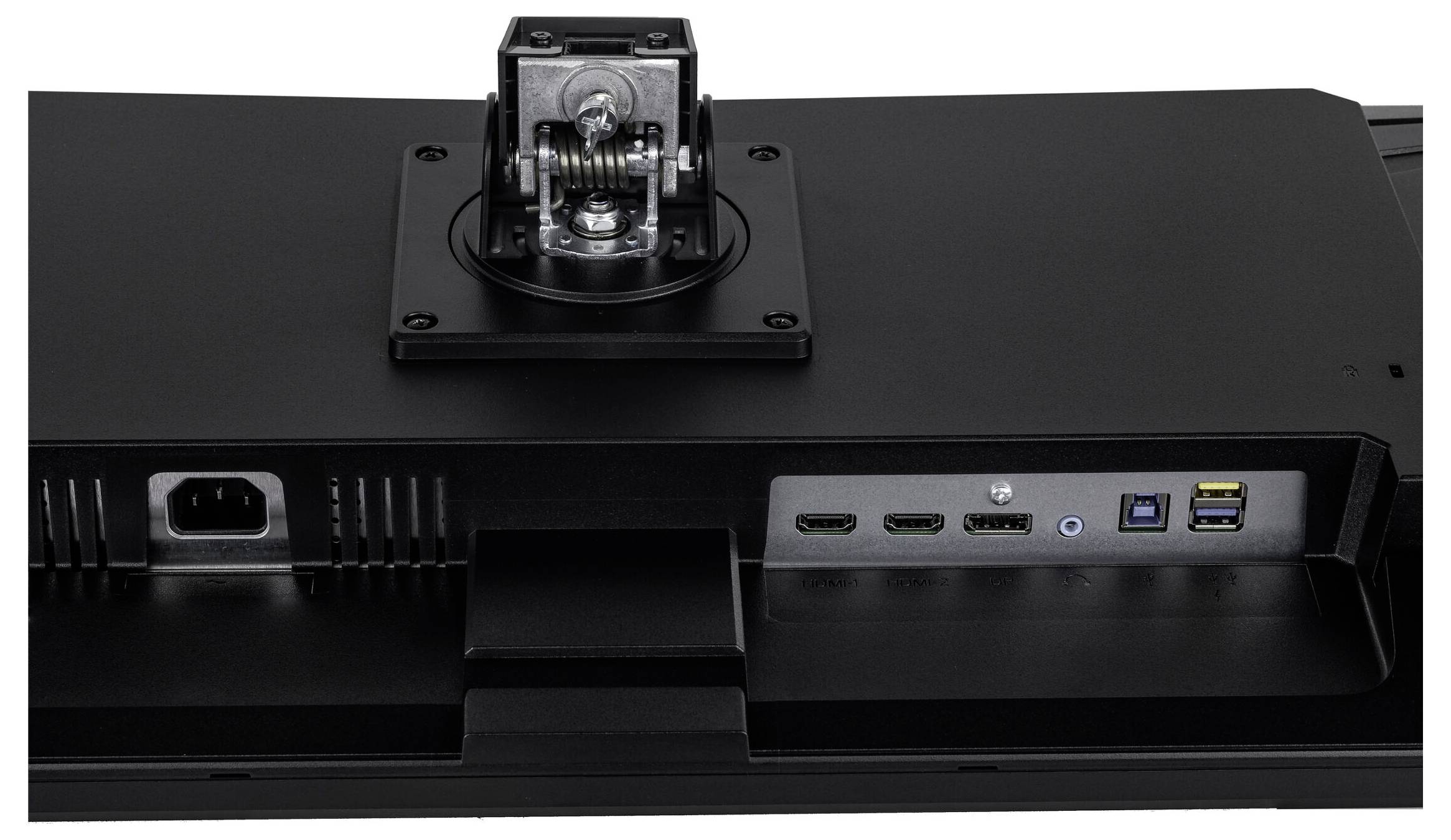 Pohled zezadu na monitor zobrazující porty, včetně dvou portů HDMI, jednoho DisplayPortu, USB Type-C a napájecí zásuvky, s viditelným montážním úchytem.