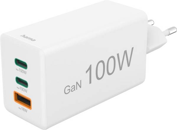 Hama  USB nabíječka, USB Power Delivery (USB-PD) , Qualcomm Quick Charge 2.0, GaN, Rychlonabíječka, Qualcomm Quick Charge 3.0 , 100.00 W, Quick Charge 3.0, Dodávka energie, Quick Charge 2.0, bílá