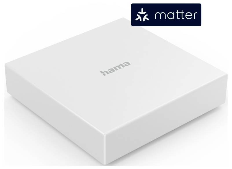 Bílé, čtvercové zařízení Hama smart home s logem 'matter' v rohu.
