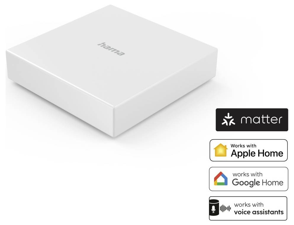 Bílý box inteligentního domácího rozbočovače Hama, loga ukazující kompatibilitu s Matter, Apple Home, Google Home a hlasovými asistenty.