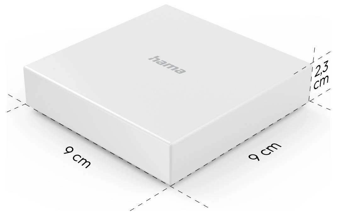 Bílý čtvercový box se slovem 'hama' nahoře. Rozměry jsou vyznačeny jako 9 cm × 9 cm s výškou 2,3 cm.