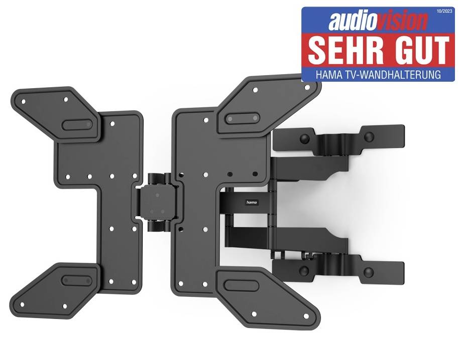 Nástěnný držák na TV Hama v černé barvě, hodnocený jako "Velmi dobrý" společností Audiovision. Robustní, nastavitelný držák pro plochostěnné televizory.