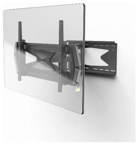 Černý nástěnný držák na televizi s kloubovým ramenem je upevněn na bílé stěně, navržen pro uchycení ploché obrazovky a umožňující nastavení různých poloh.