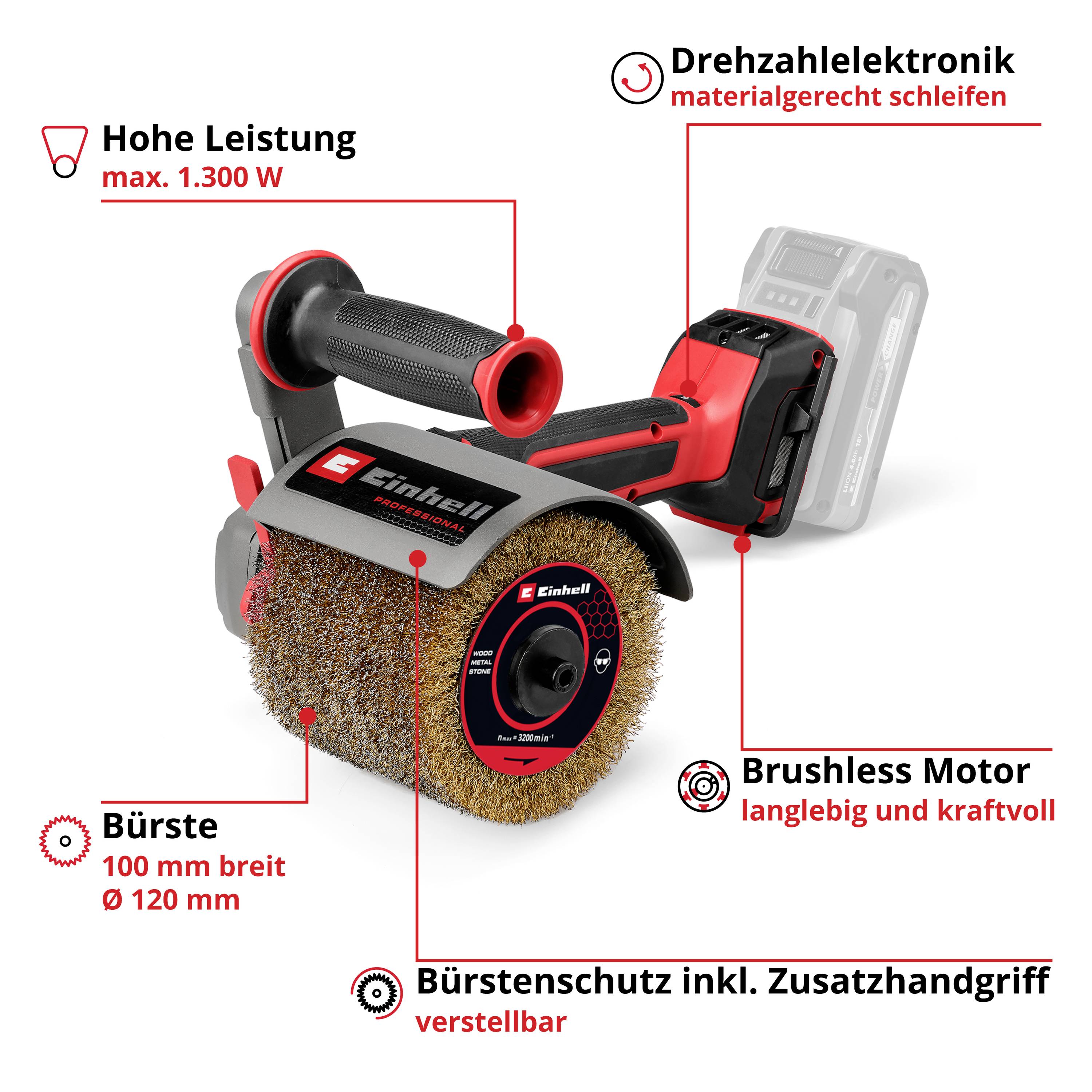 Akumulátorový kartáčový bruska s údaji o výkonu 1.300 W, regulací otáček, bezkartáčovým motorem, šířkou 100 mm, Ø 120 mm a nastavitelnou ochranou kartáčů s pomocným madlem.