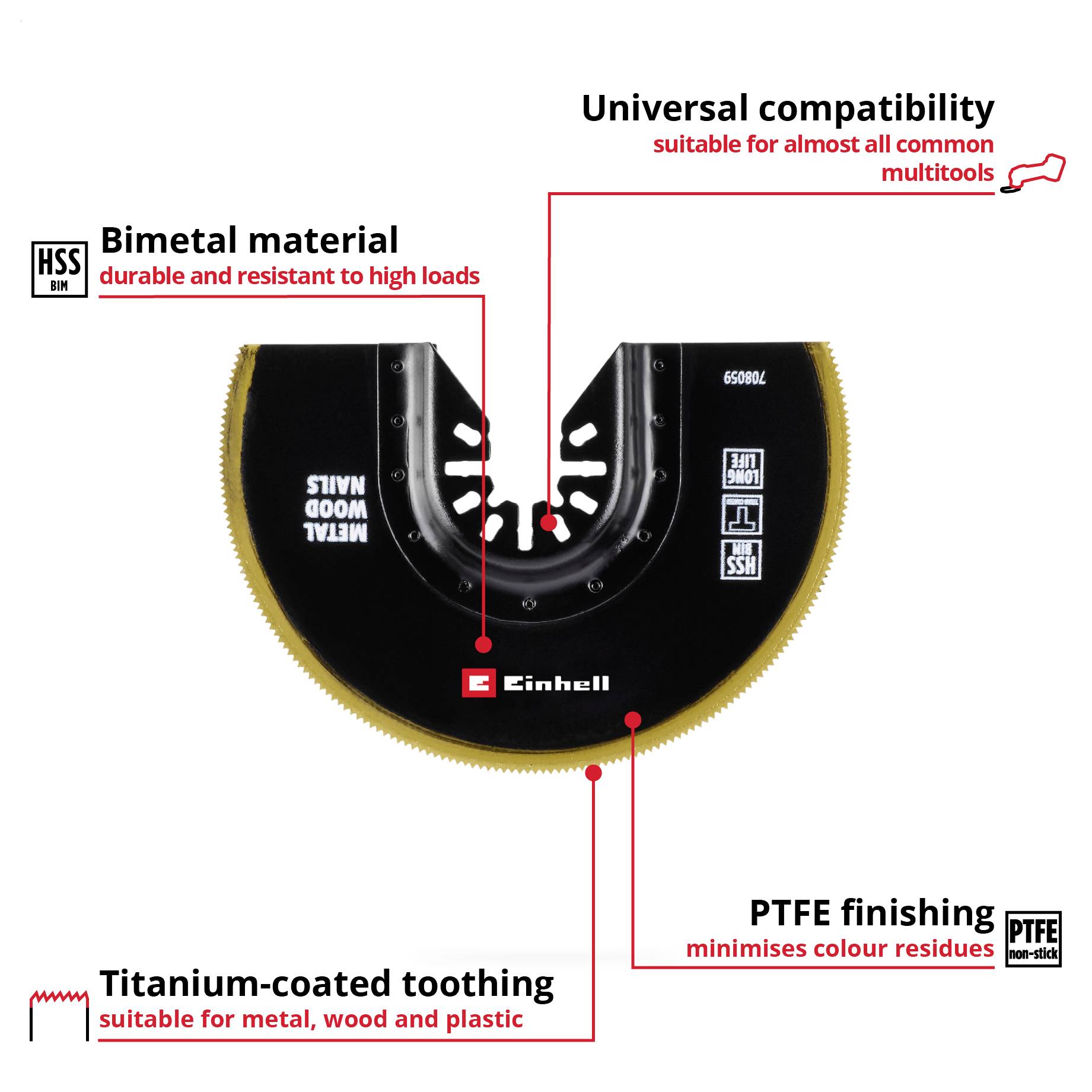 Einhell pilový list: Bimetalový materiál s titanovými povlaky zuby pro kov a dřevo. Univerzálně kompatibilní, PTFE-povrch minimalizuje tření.