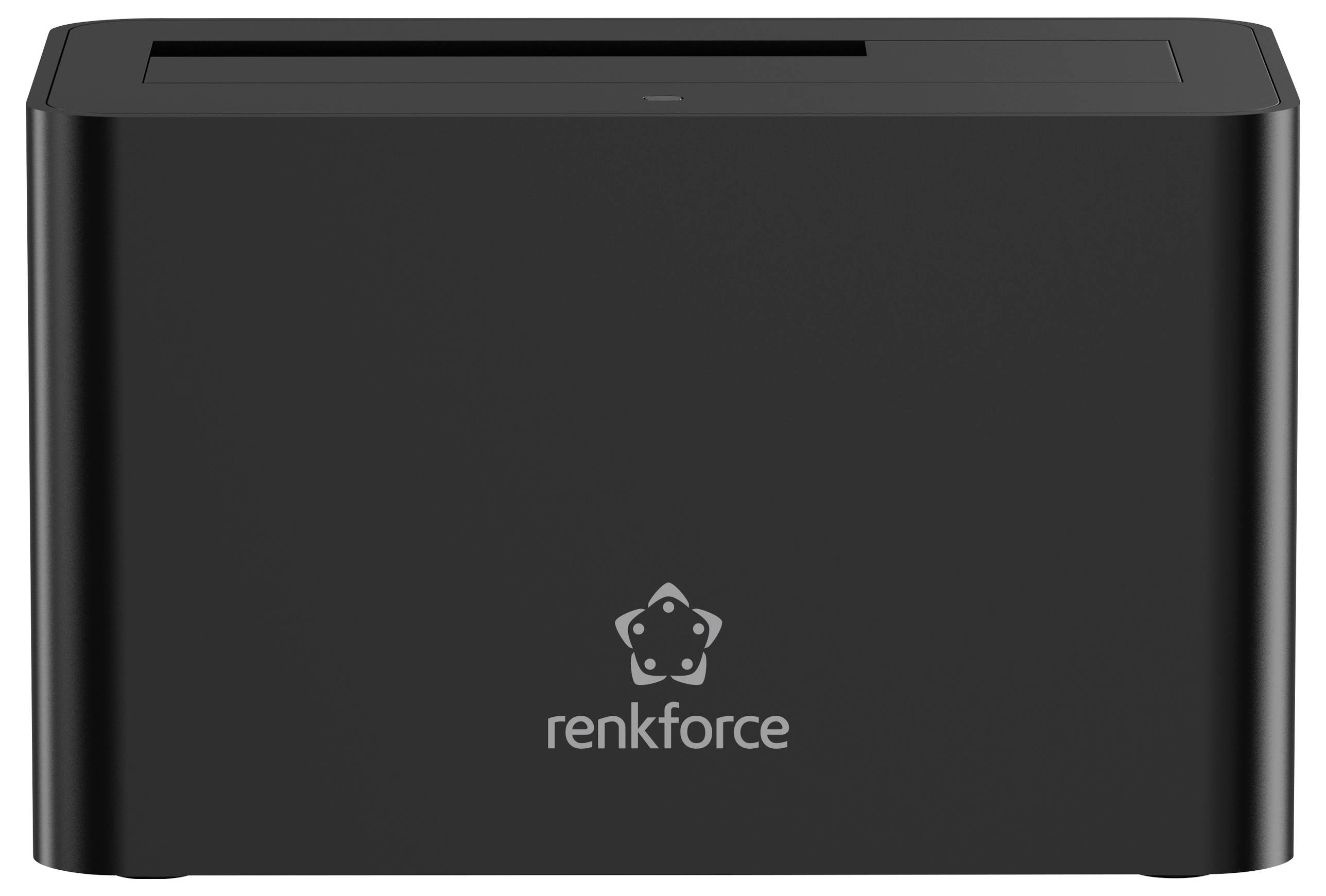 Dokovací stanice Renkforce pro pevné disky v černé barvě, s horním slotem pro vkládání disků a logem Renkforce na přední straně.