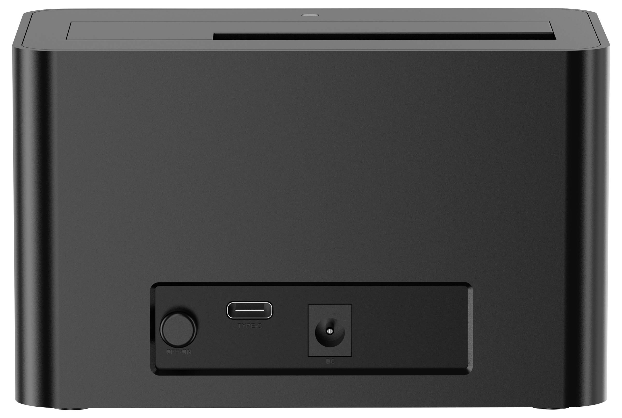 Černá dokovací stanice s portem USB-C, napájecím tlačítkem a napájecím vstupem na zadní straně.