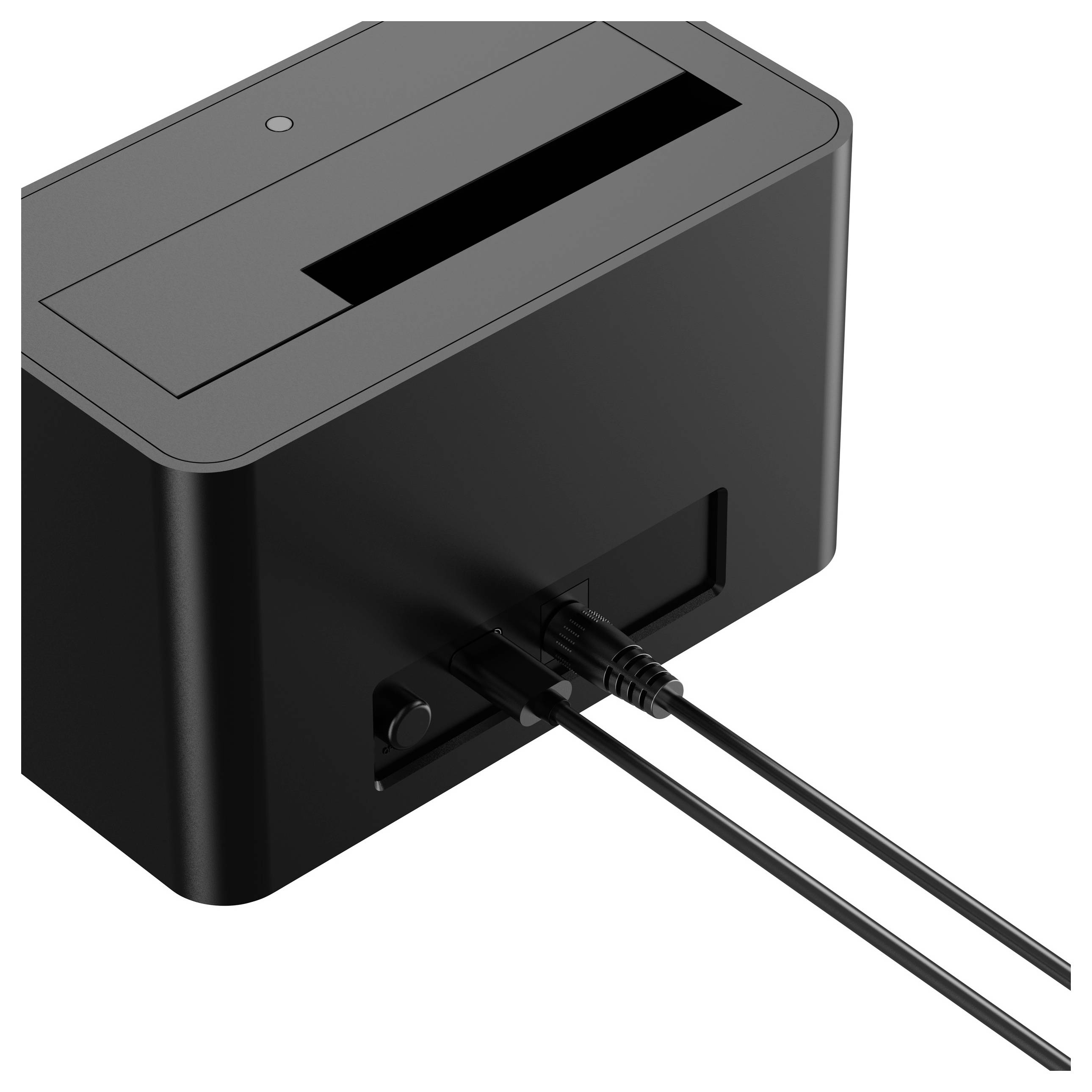 Černé elektronické zařízení se dvěma kabely připojenými vzadu, s horním otvorem pro vložení.