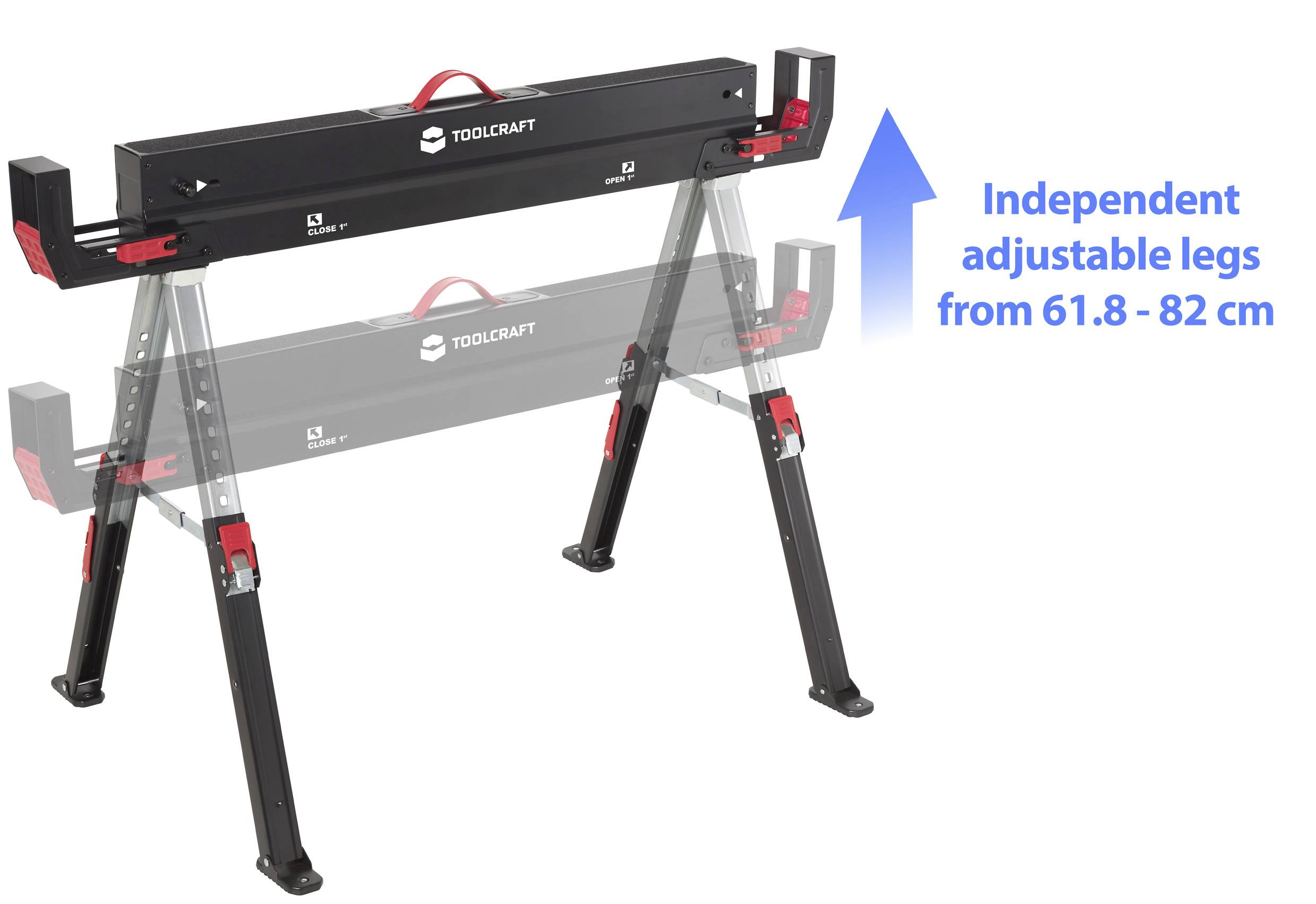 Koňská koza Toolcraft s nezávisle nastavitelnými nohami, s rozsahem výšky od 61,8 do 82 cm, zobrazující vizuál nastavitelné výšky.